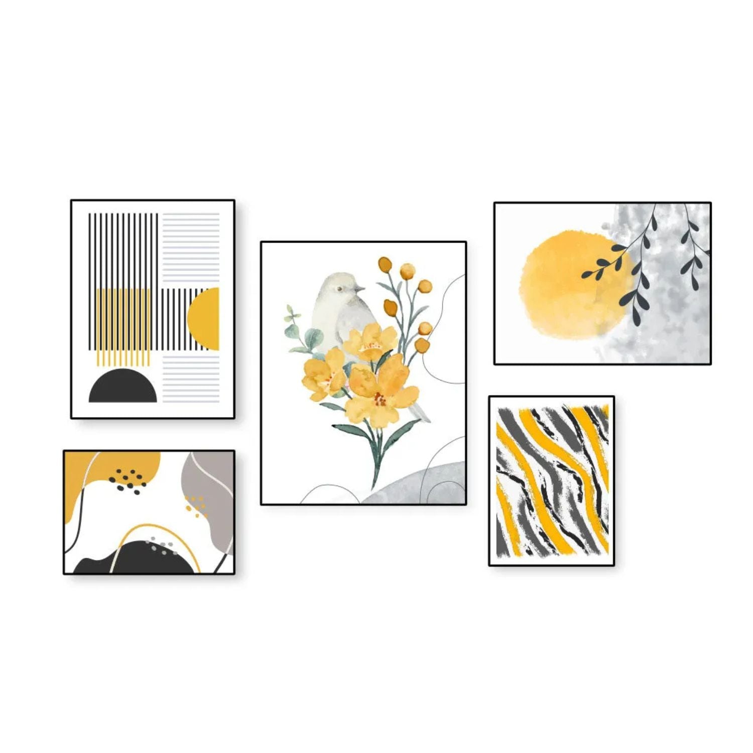 Modern Nature Inspired Abstract Wall Art Set With Bird and Flowers