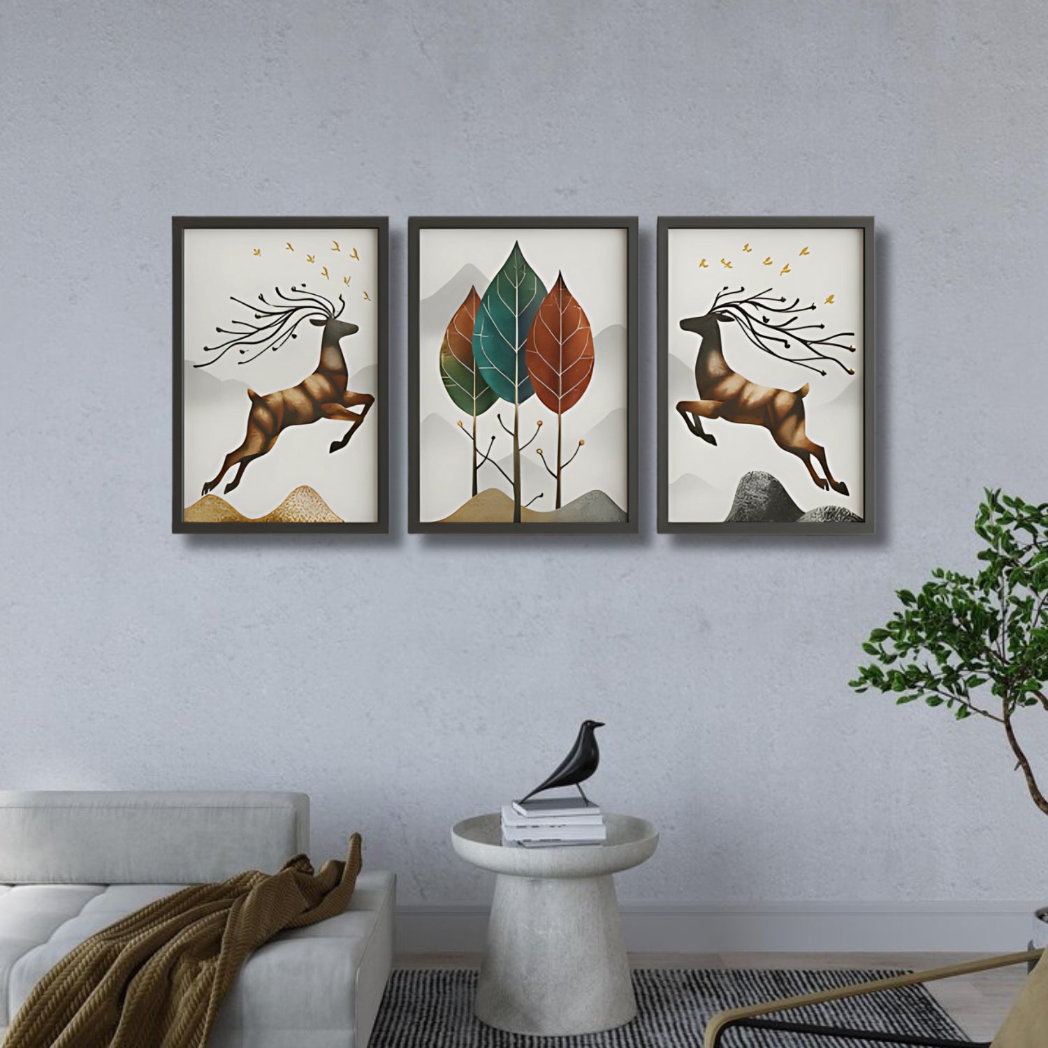 Elegant Nordic Style Deer and Leaf Canvas Wall Art Set