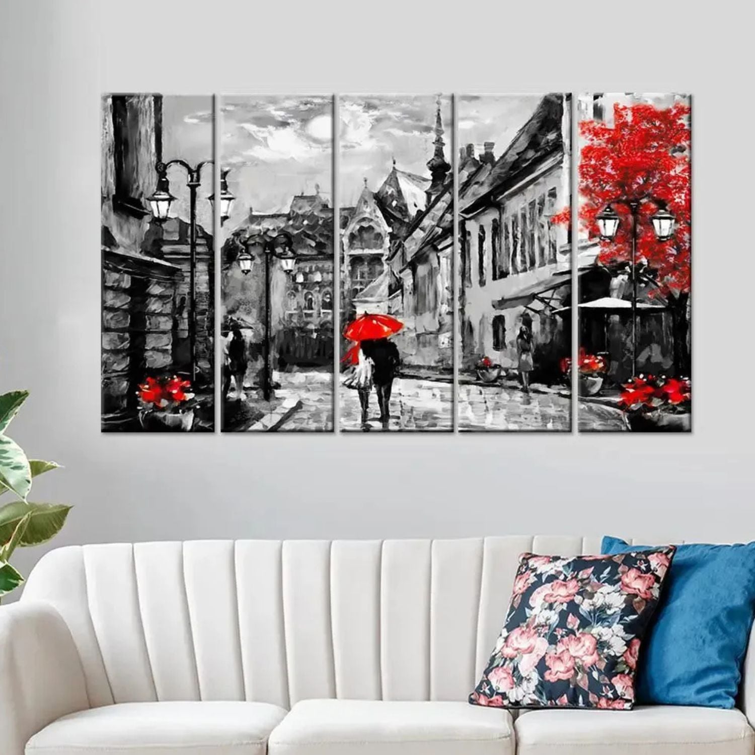 Romantic Couple Red Umbrella Cityscape Canvas Wall Art