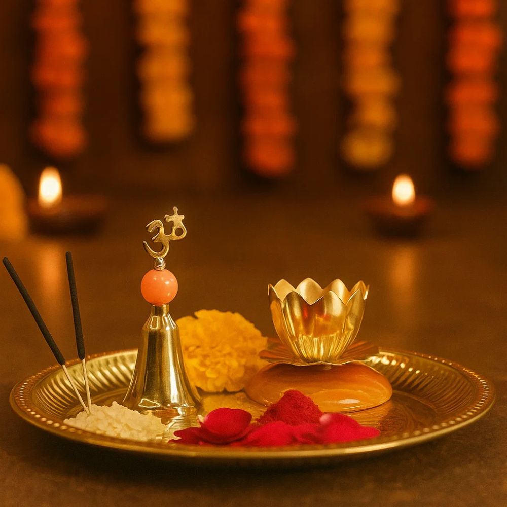 Divine Silver Plated Temple Bell & Shanti Deep Gift Set