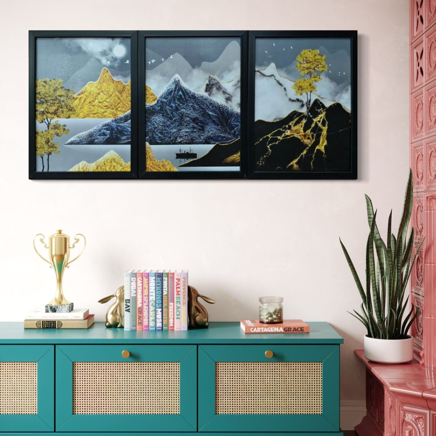 Abstract Golden Mountain Landscape Wall Art Set - 3 Framed Nature-Inspired Prints