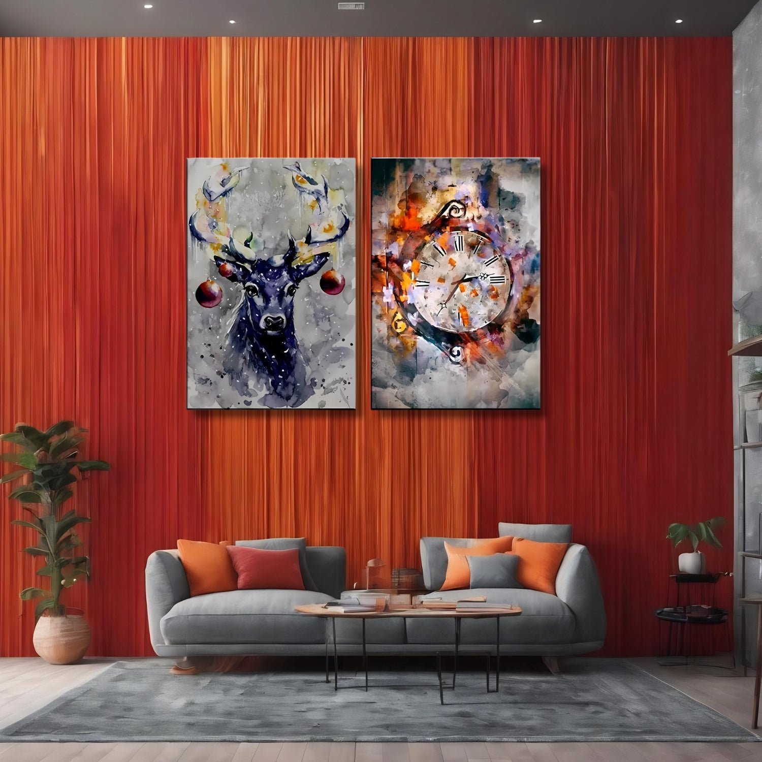 Vibrant Deer and Clock Abstract Wall Art Set on Canvas Frame