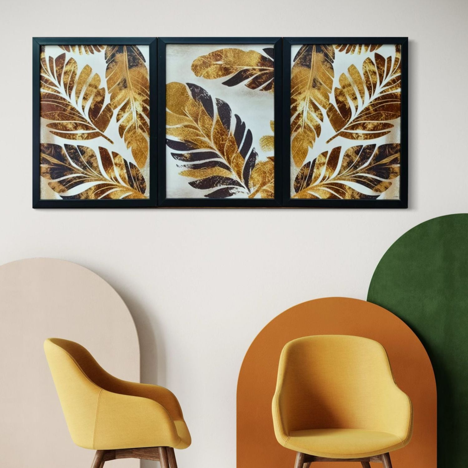 Abstract Golden Leaf Wall Art Set - 3 Framed Botanical Prints for Decor