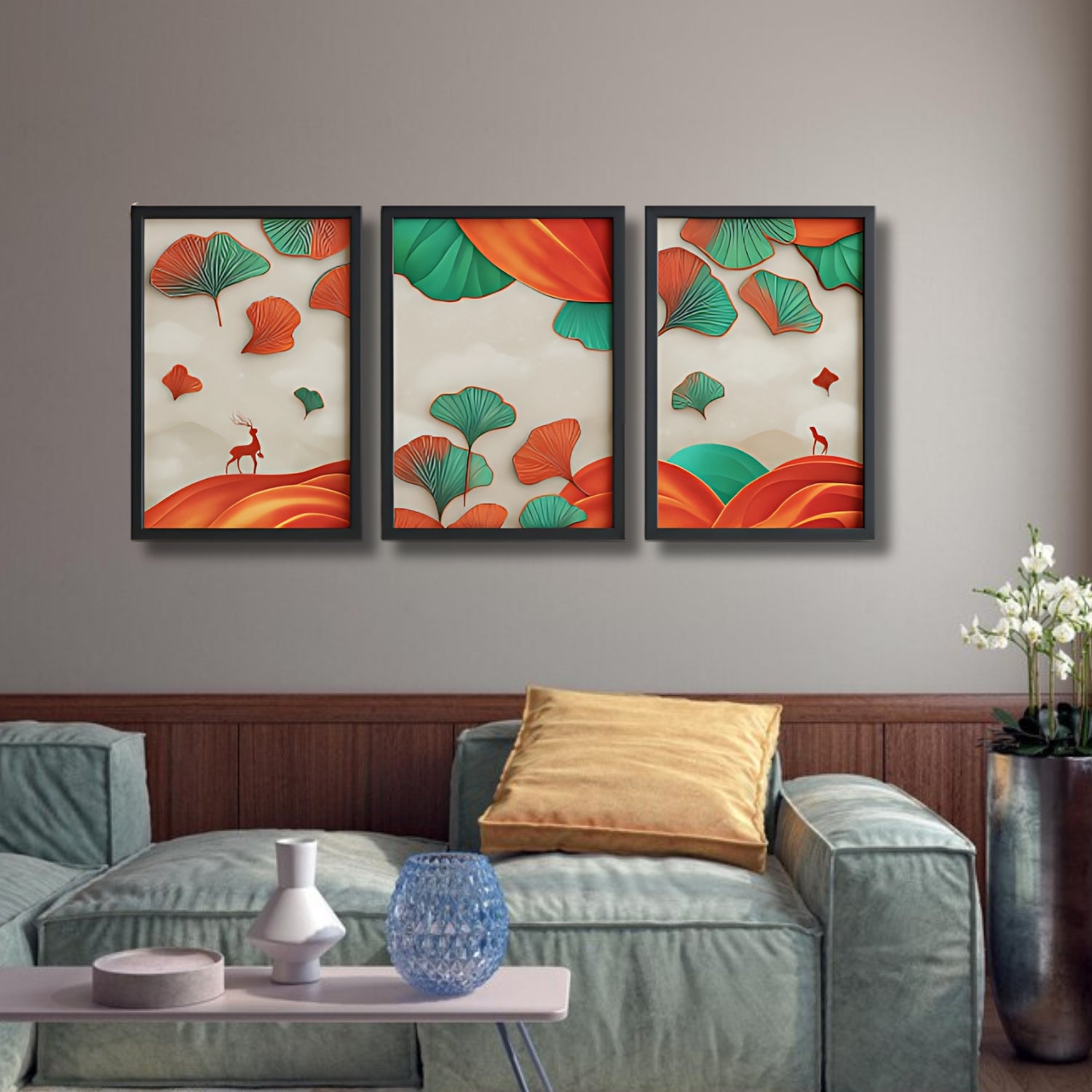 Abstract Colorful Ginkgo Leaf and Deer Canvas Wall Art Set of 3
