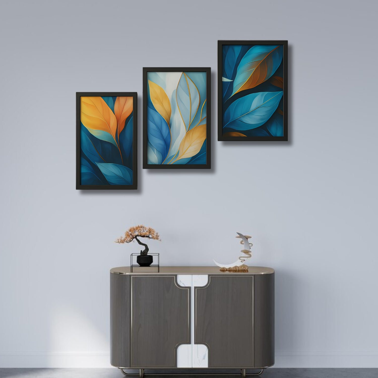 Modern Botanical Leaf Wall Art Set - 3 Framed Blue and Gold Prints
