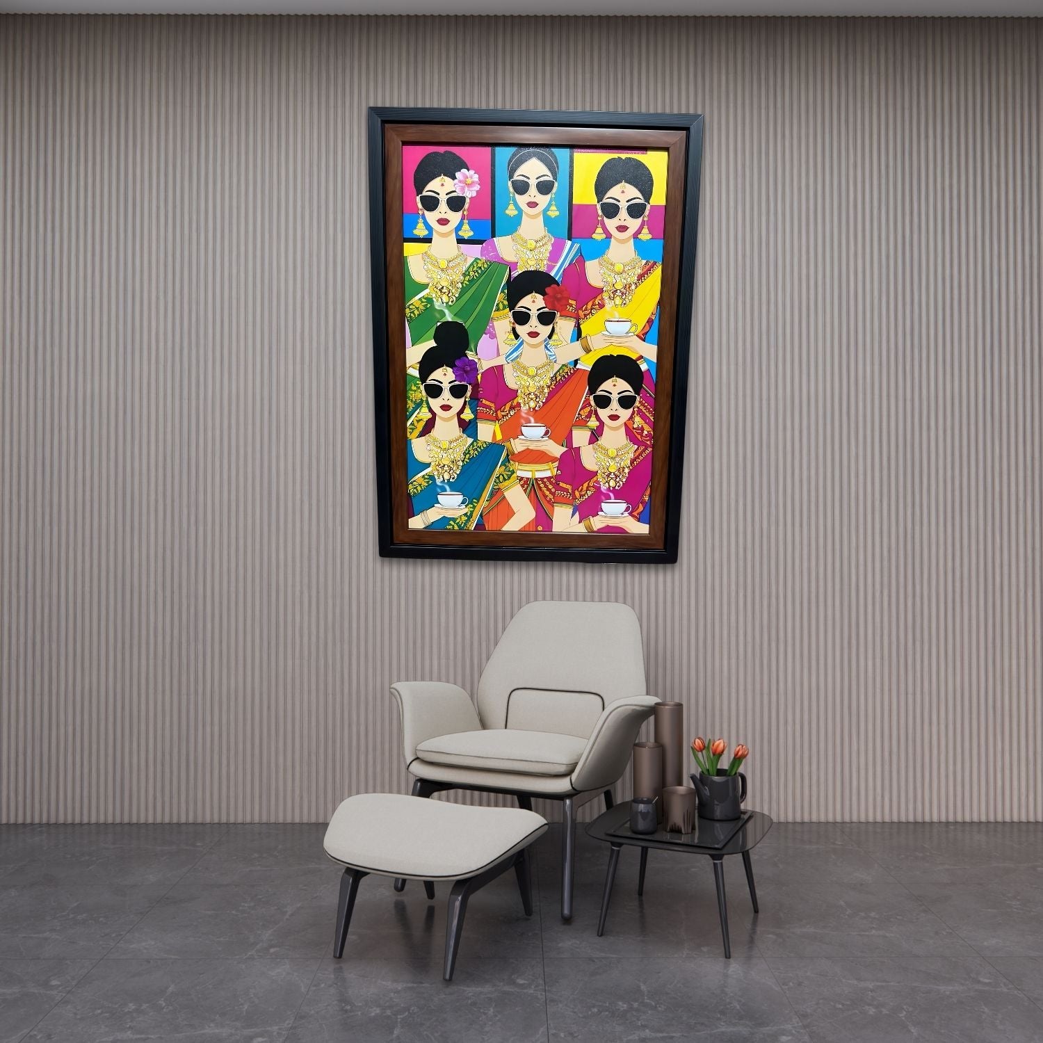 Elegant South Indian Women Pop Art Painting With Frame For Wall Decor