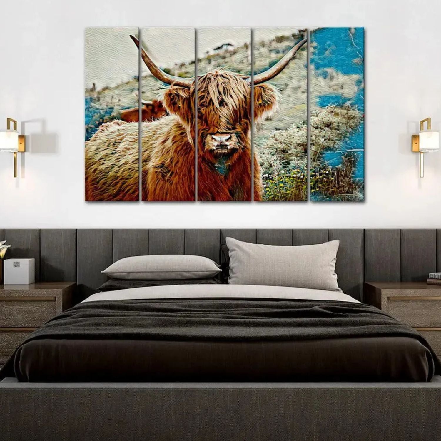 Abstract Hairy Bull Rustic Landscape Multi Panel Canvas Wall Art