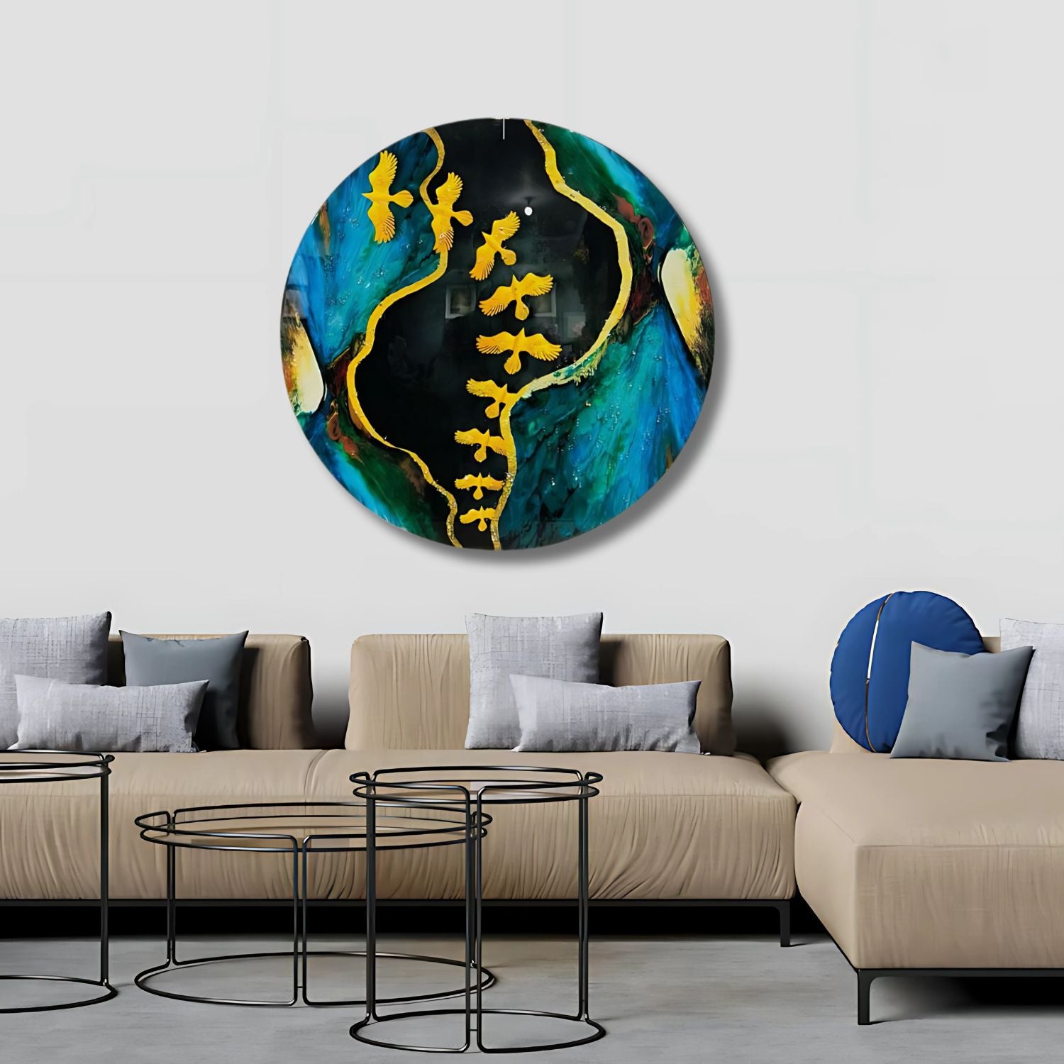 Abstract Round Wall Art With Golden Birds and Blue Tones