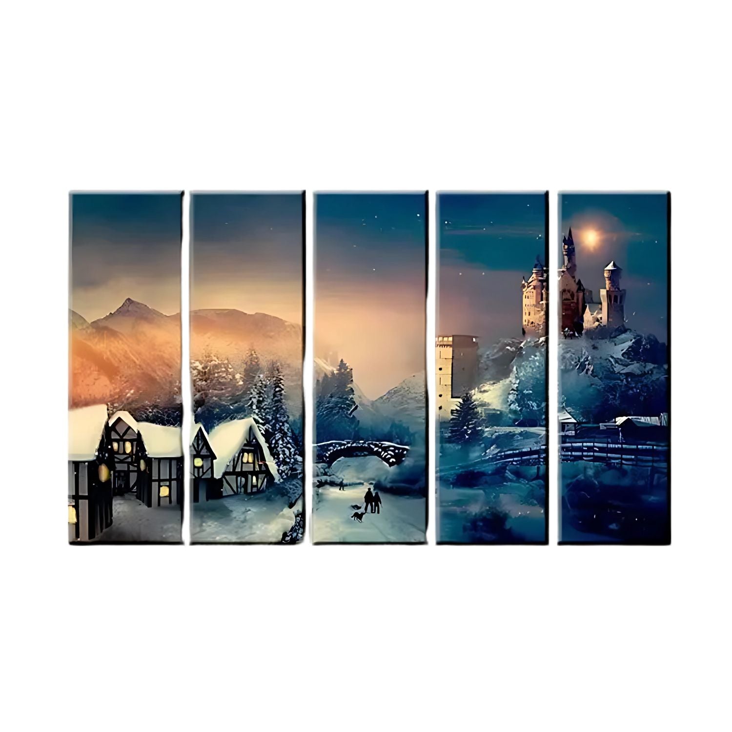 Enchanted Winter Village 5-Panel Wall Art - Christmas Castle Canvas With Wooden Frame