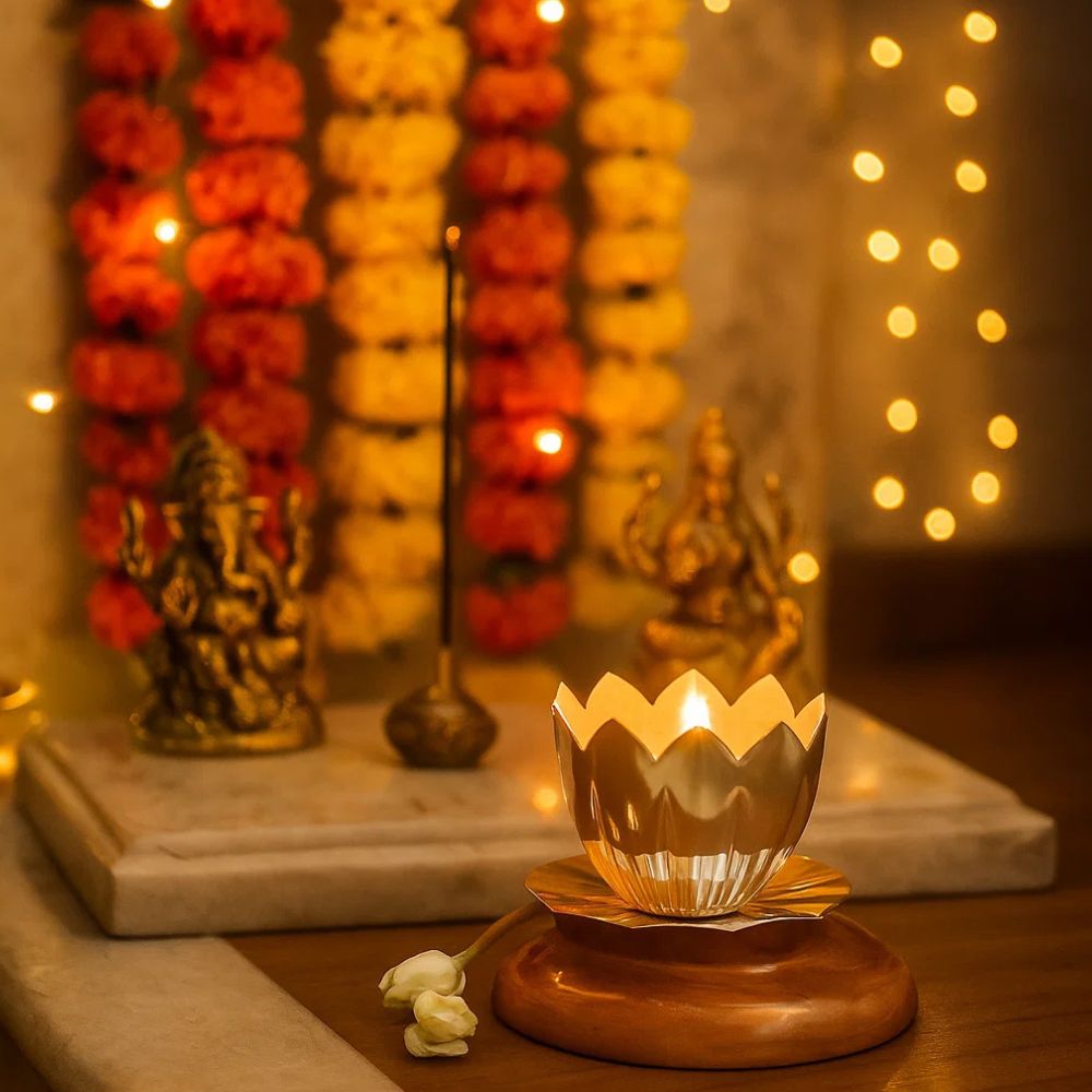 Elegant Silver Plated Shanti Deep With Lotus Design For Puja