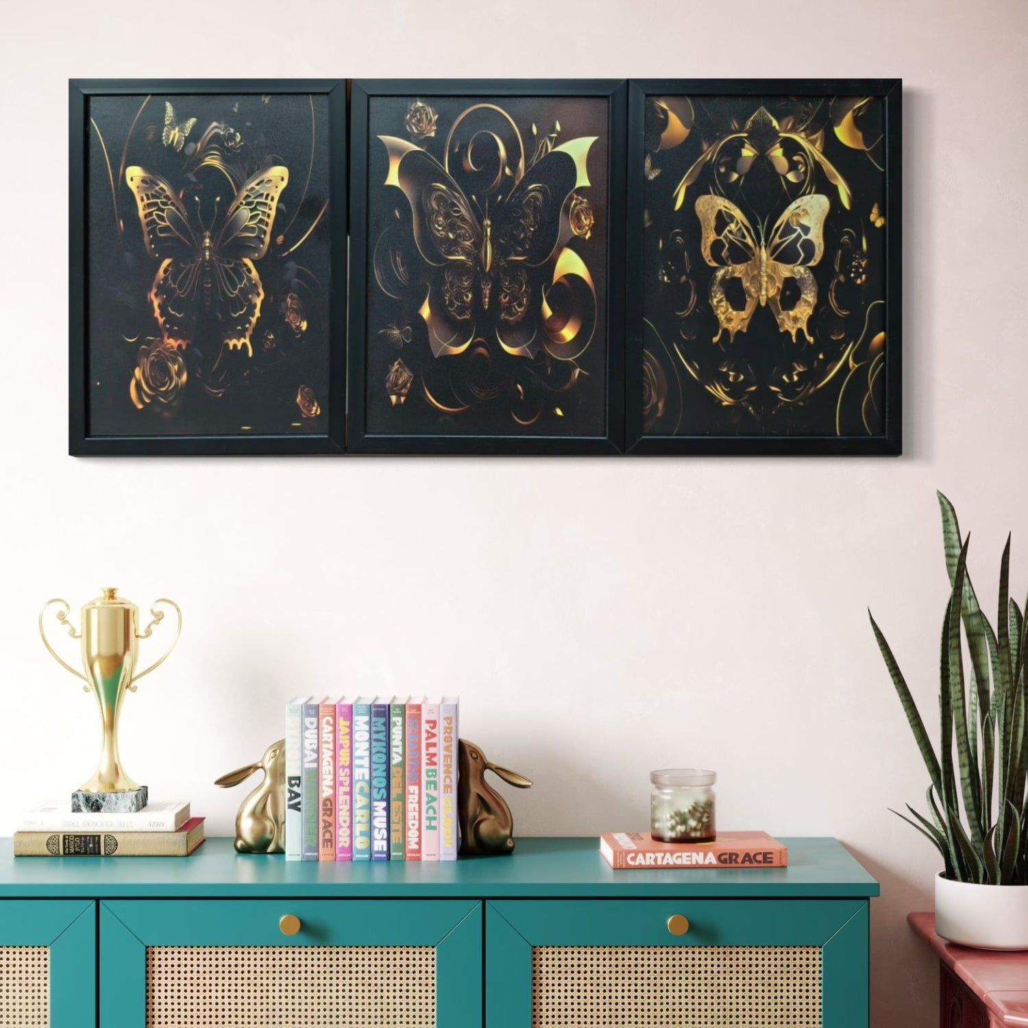Luxury Black and Gold Butterfly Canvas Wall Art Trio Set