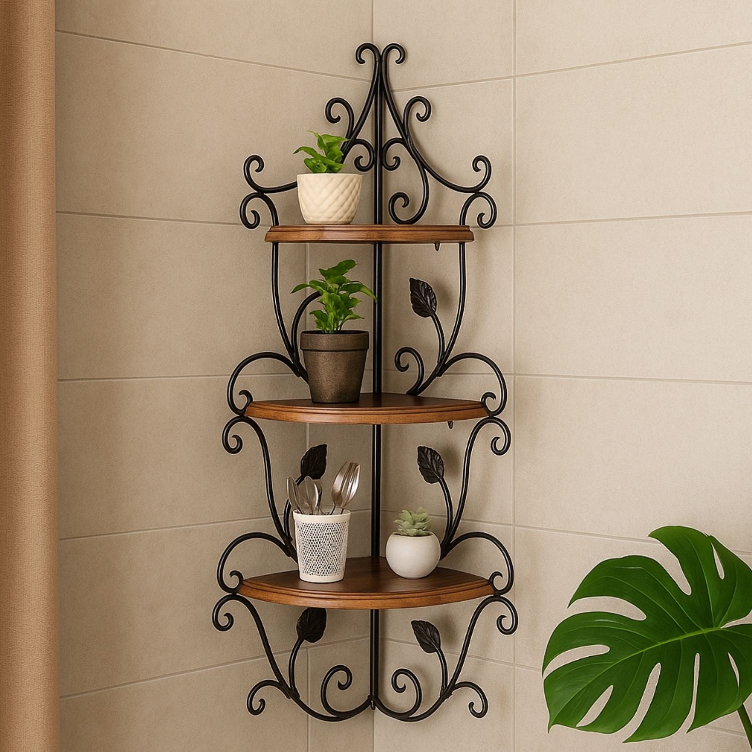 Wall Hanging Wooden & Metal Corner Shelf - 3-Tier Decorative Storage