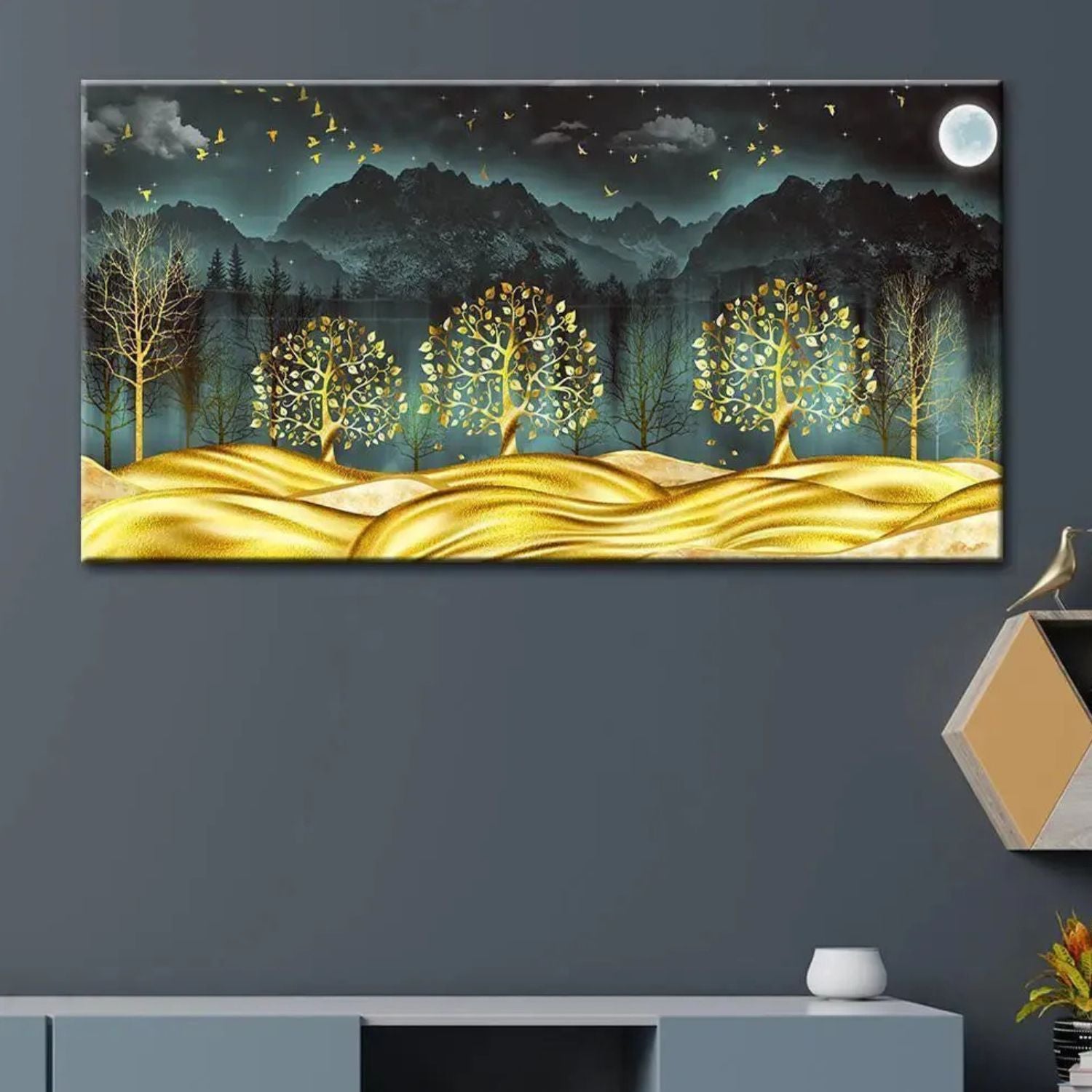 Golden Trees Under Moonlit Mountains Scenic Canvas Wall Art