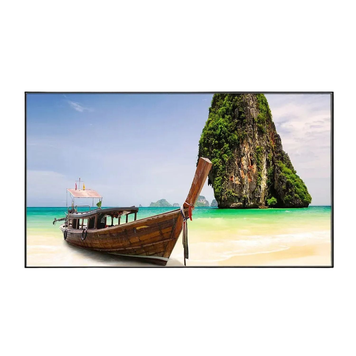 Tropical Beach Canvas Art With Wooden Boat and Island View