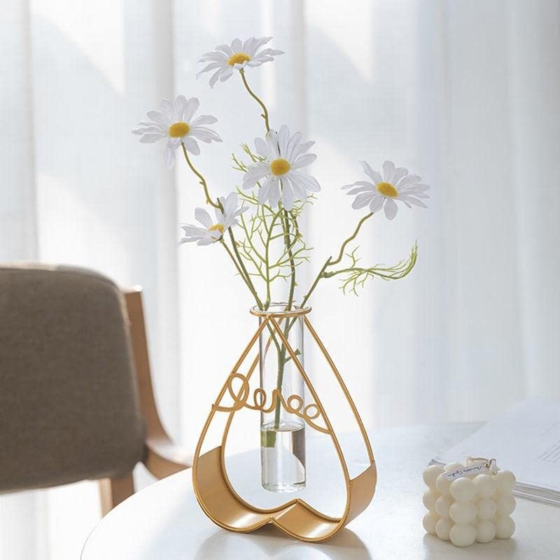Gold Geometric Metal Vase with Glass Tube – Elegant Decor