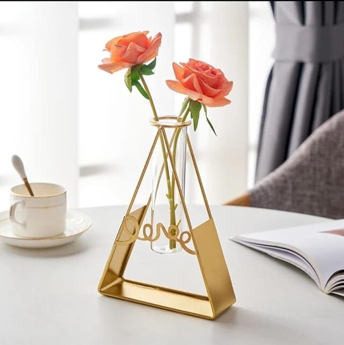 Gold Geometric Metal Vase with Glass Tube – Elegant Decor