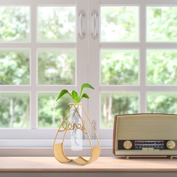 Gold Geometric Metal Vase with Glass Tube – Elegant Decor