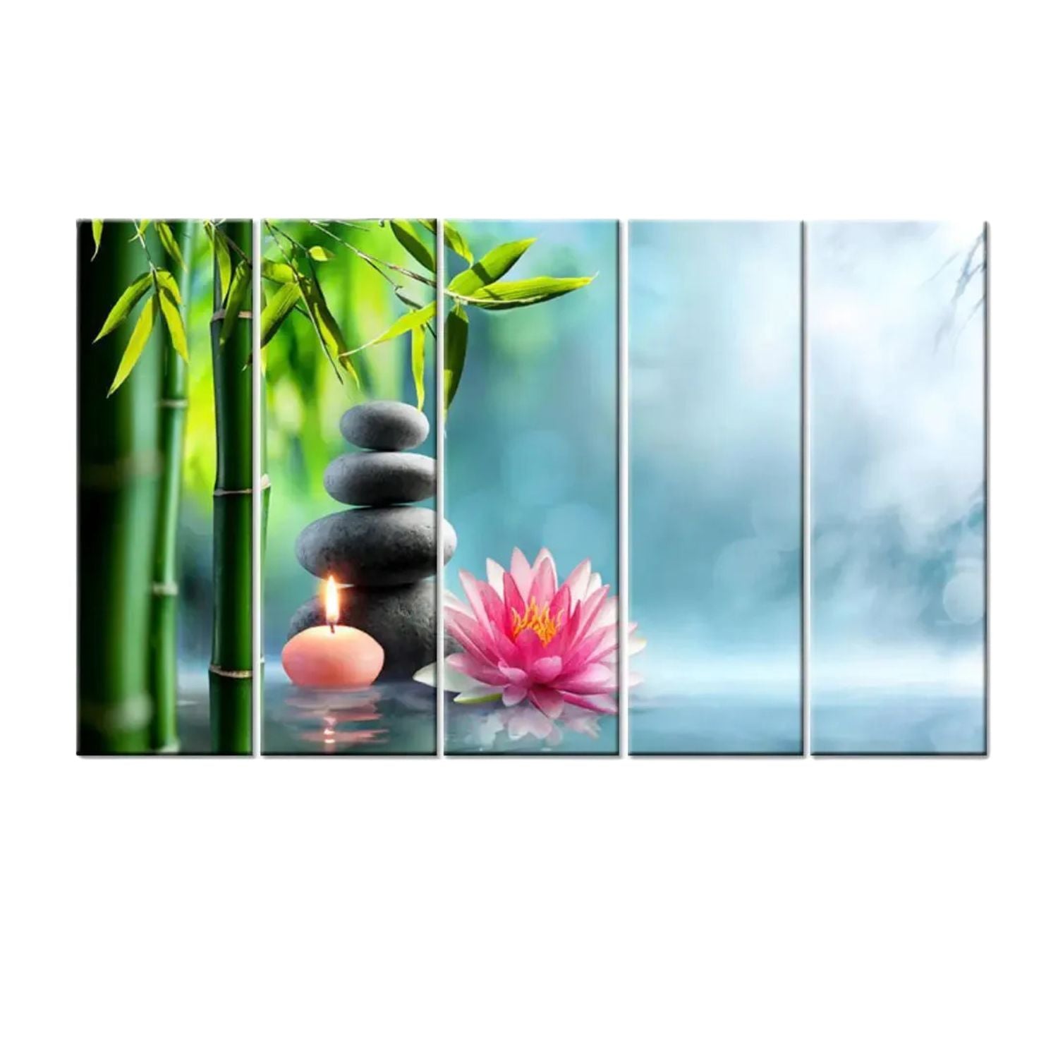 Beautiful Zen Bamboo Lotus Candle 5-Panel Canvas Wall Art Decor
