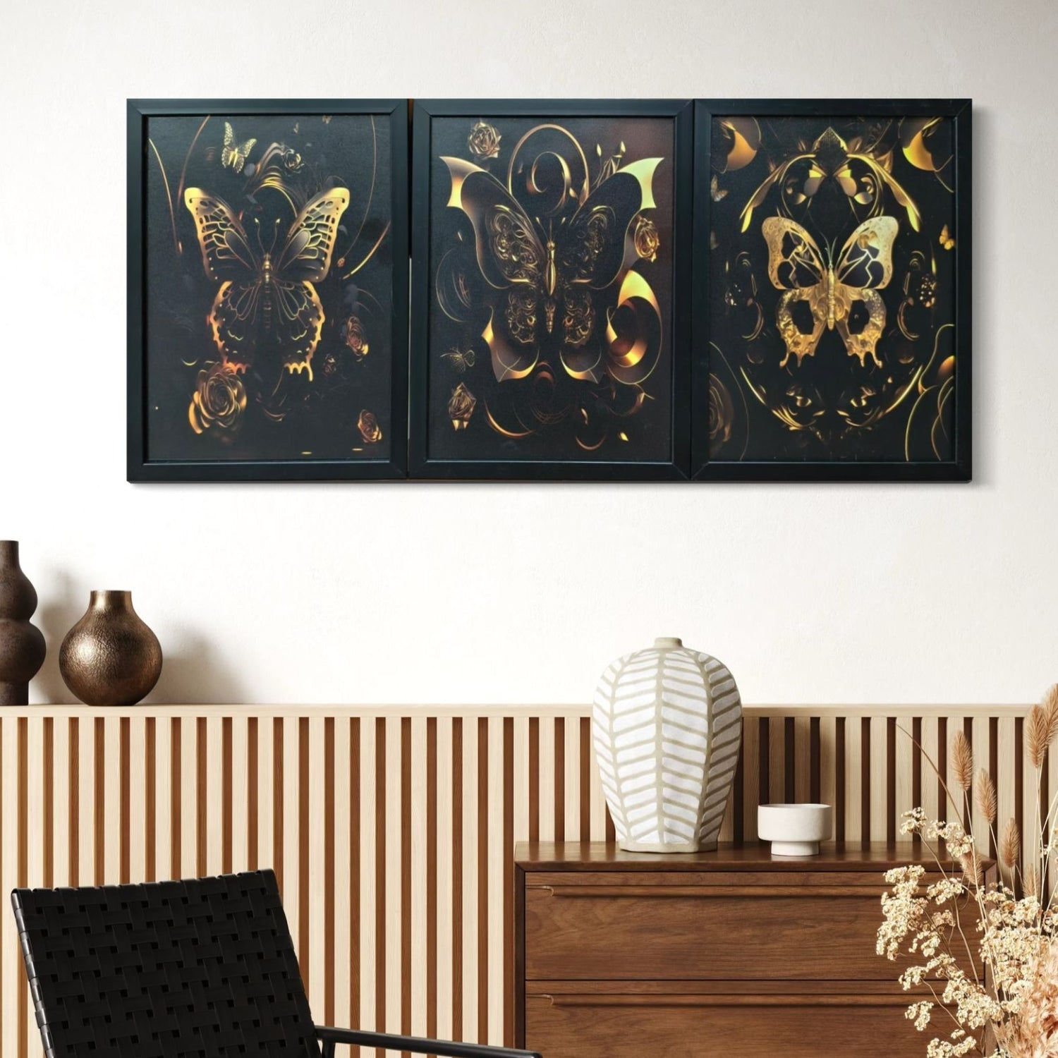 Luxury Black and Gold Butterfly Canvas Wall Art Trio Set