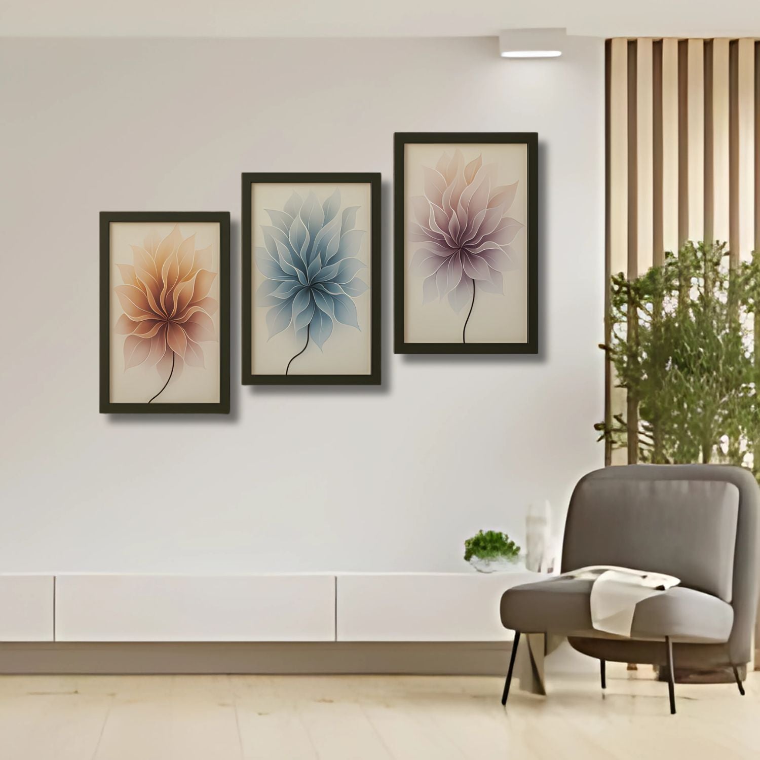 Modern Minimalist Floral Wall Art Set - 3 Framed Botanical Prints
