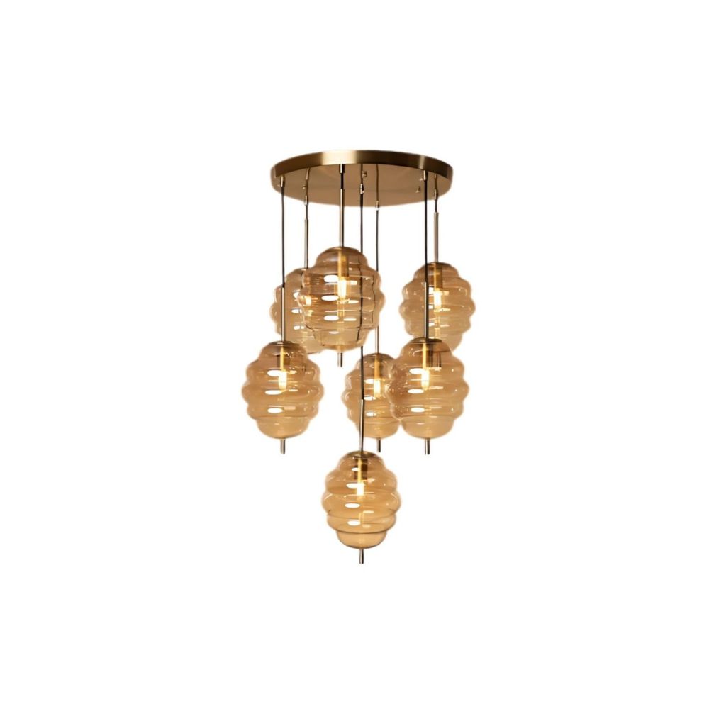 Elegant Modern Ceiling Light - Antique Gold With Amber/Smoke Grey Glass Chandelier