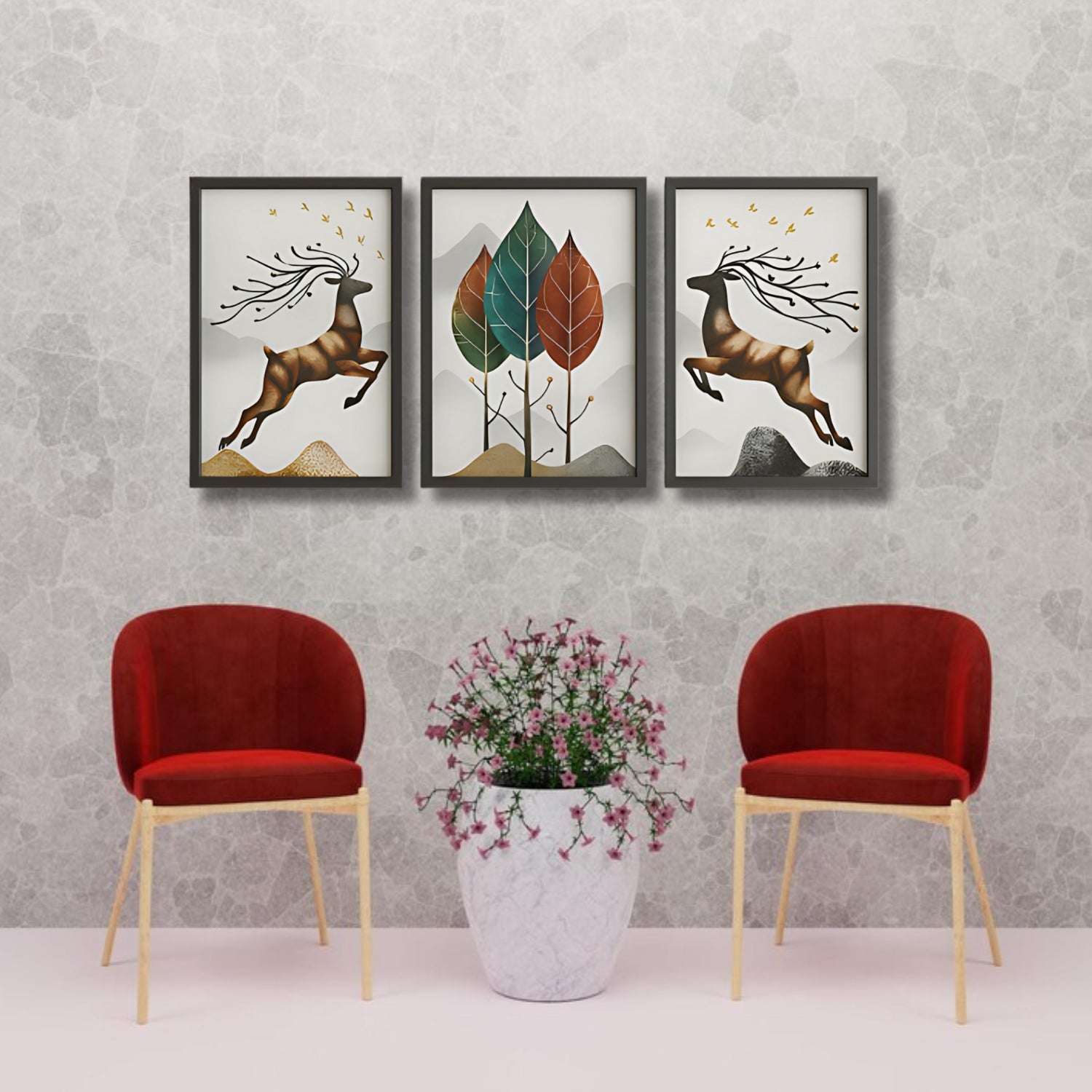 Elegant Nordic Style Deer and Leaf Canvas Wall Art Set