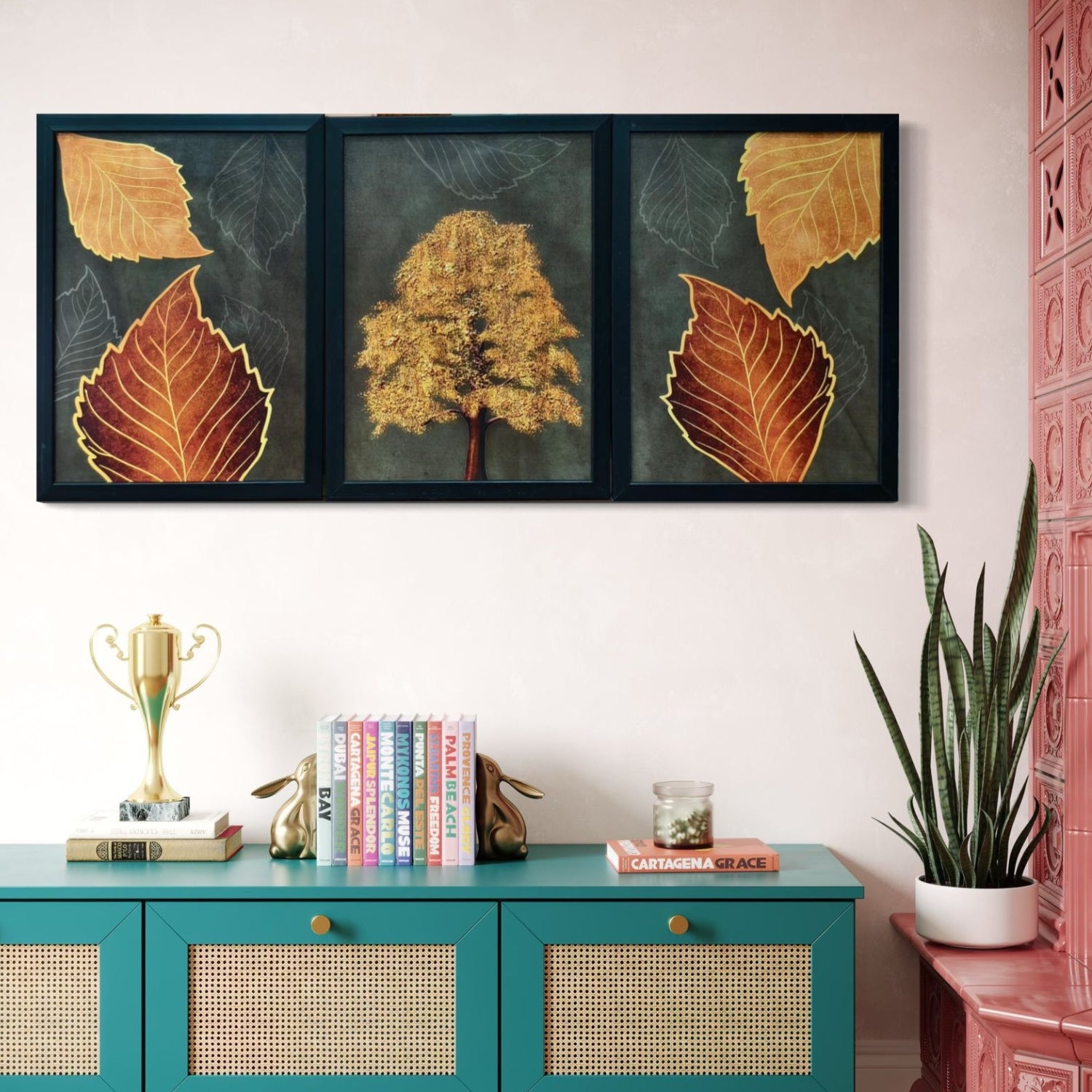 Autumn Golden Leaf Wall Art Set - 3 Framed Botanical Nature Prints