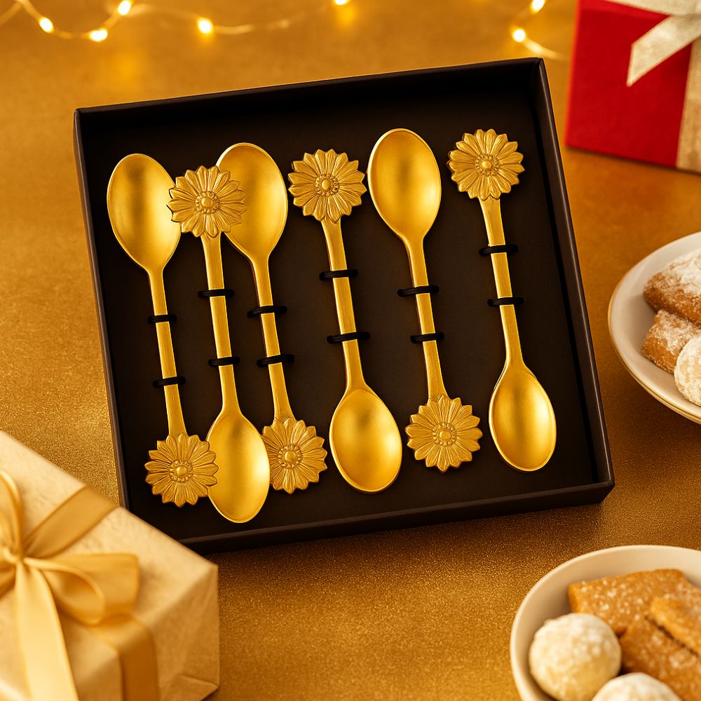 Classic Brass Cutlery Set With Floral Handles - Set of 6