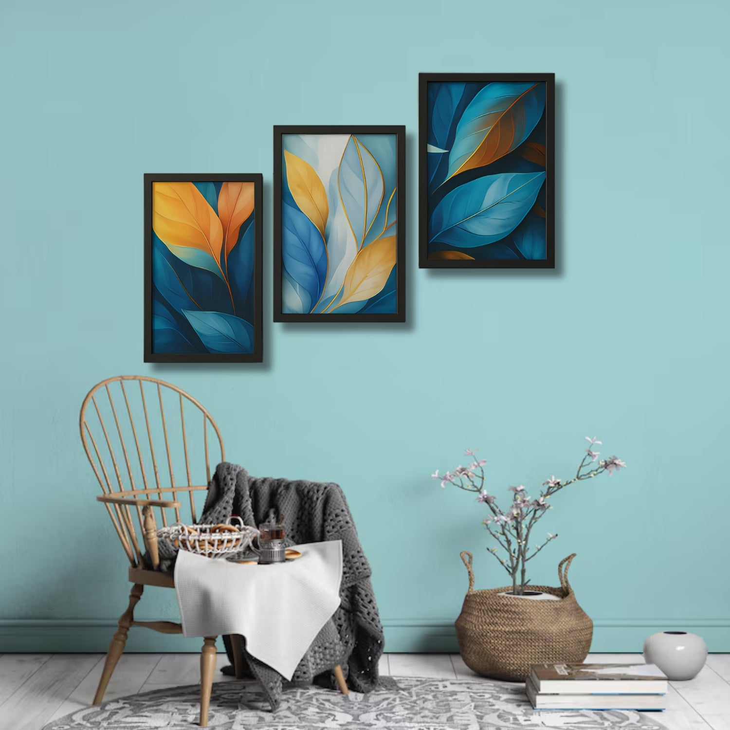 Modern Botanical Leaf Wall Art Set - 3 Framed Blue and Gold Prints