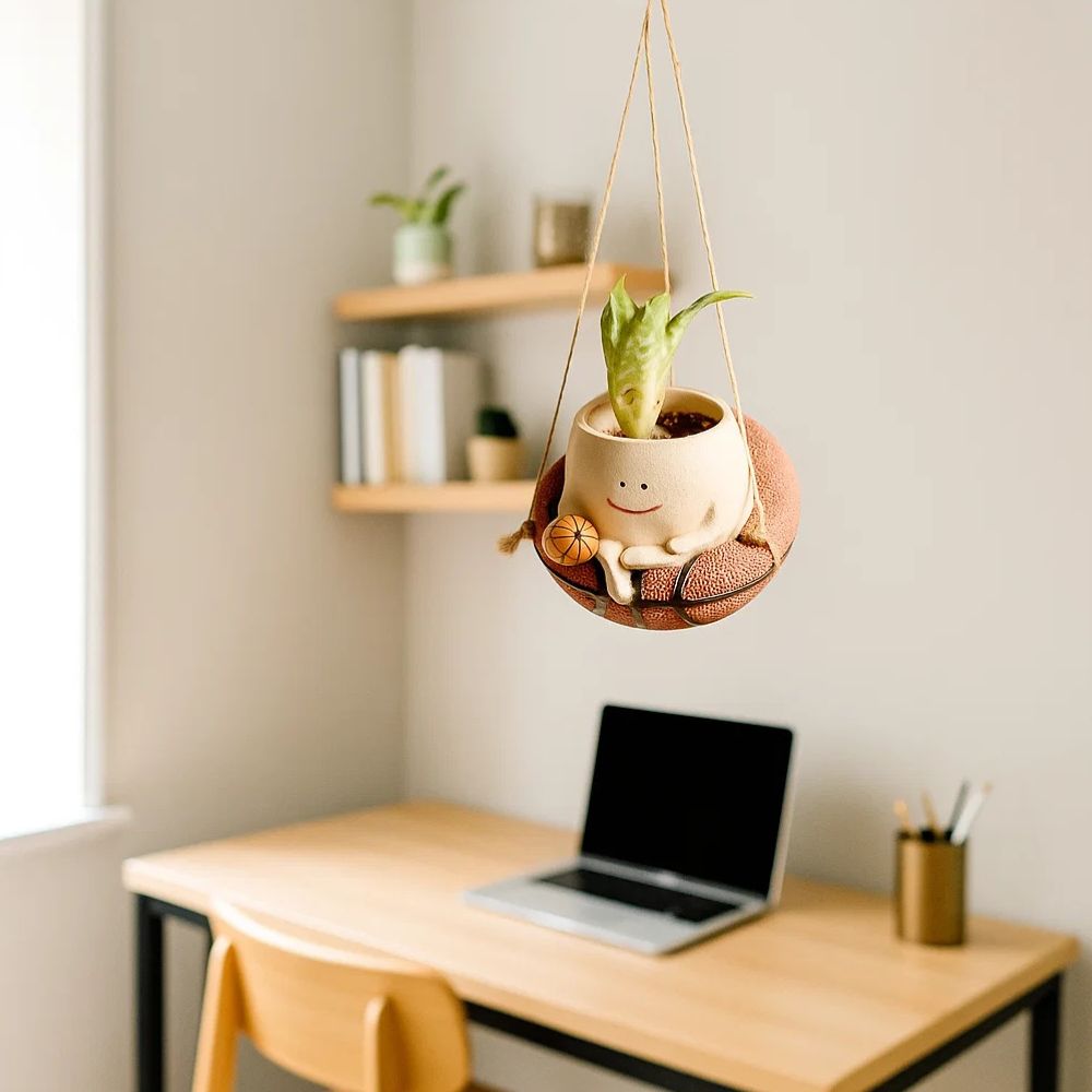 Bouncy Bloom Hanging Basket Planter With Cute Basketball Design