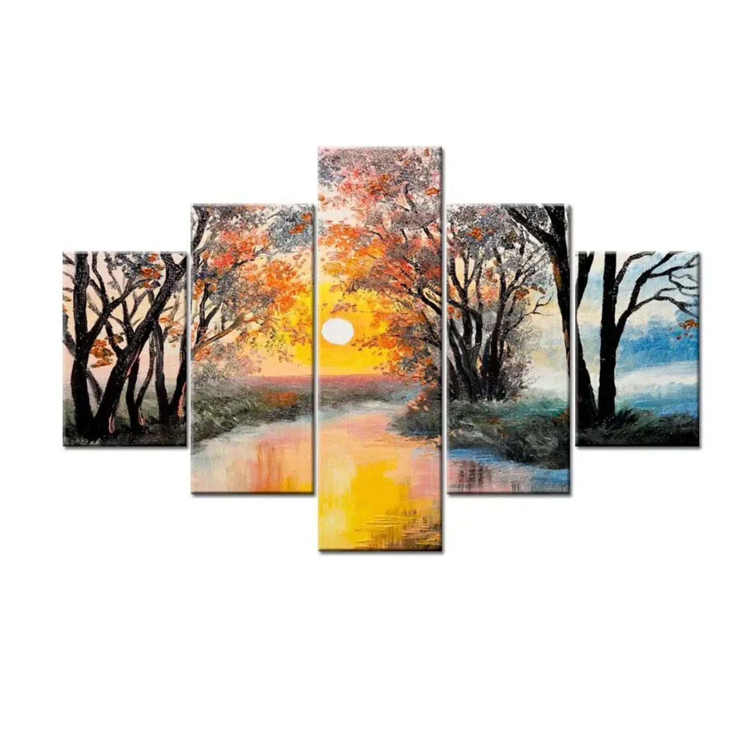 Colorful Autumn Forest River Landscape Canvas Wall Art Set