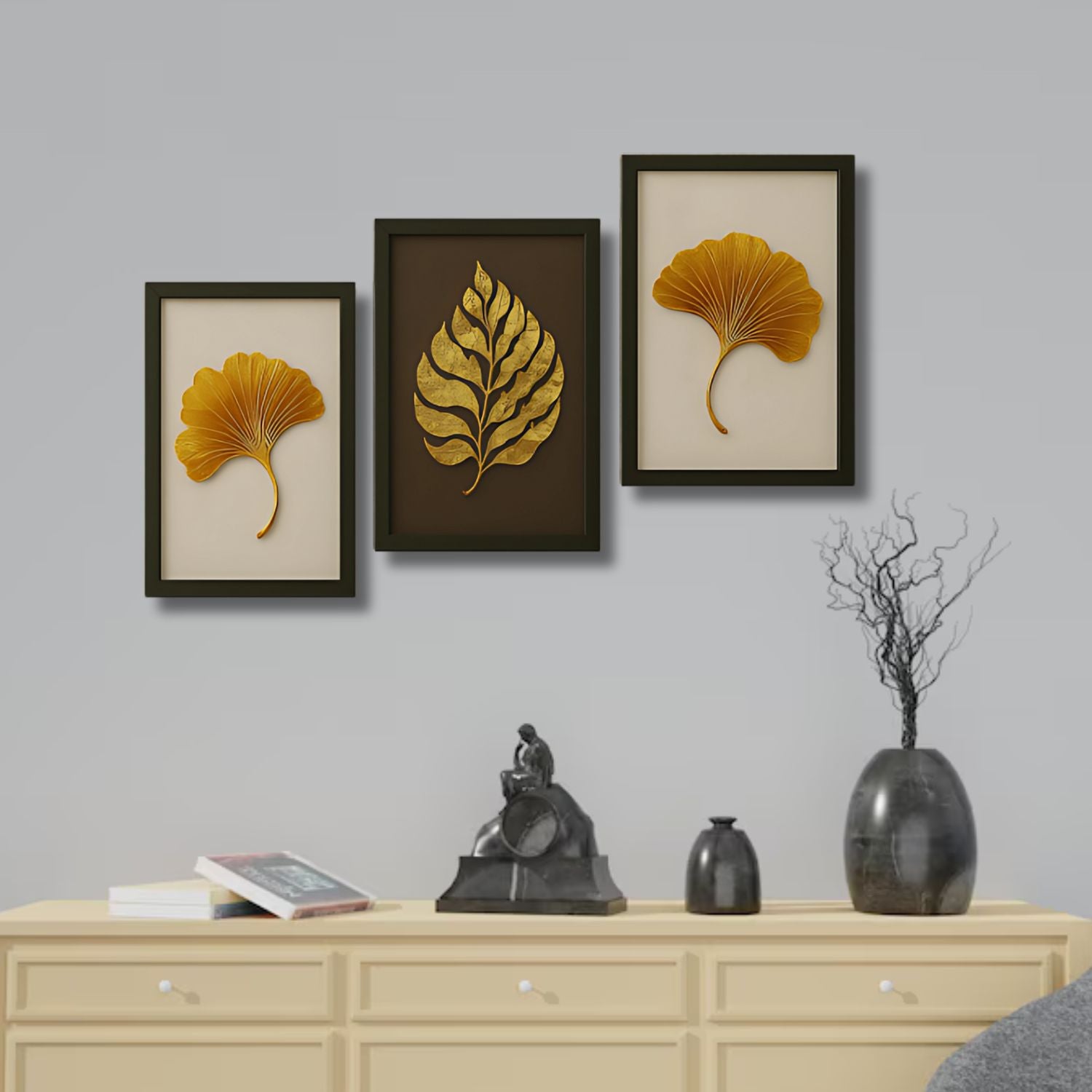Luxury Gold Leaf Wall Art Set - 3 Framed Metallic Botanical Prints