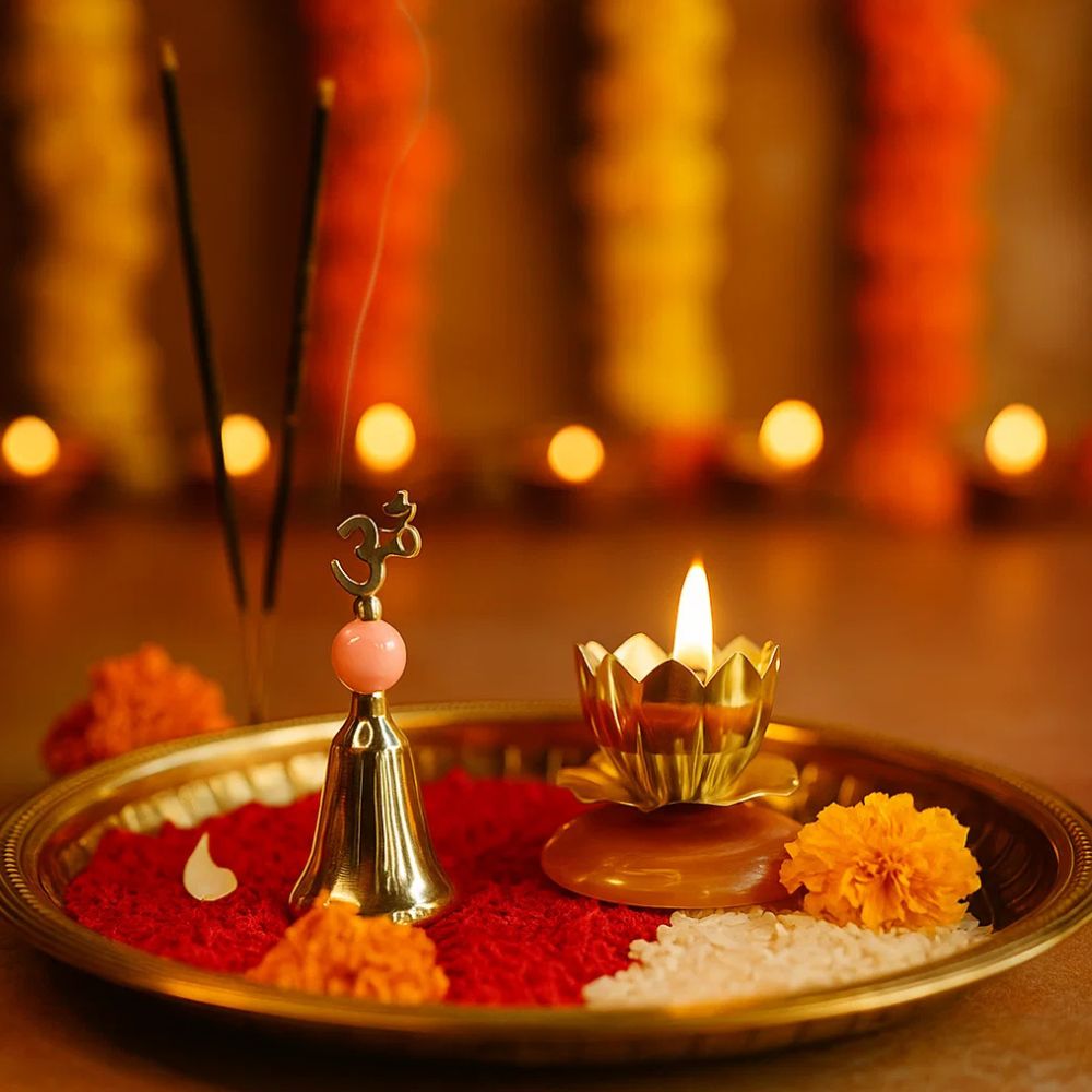 Divine Silver Plated Temple Bell & Shanti Deep Gift Set