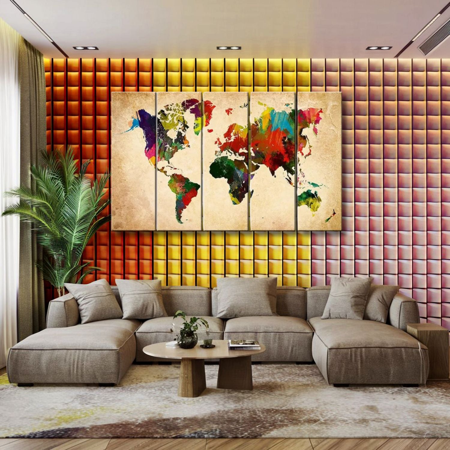 Elegant Colorful World Map Canvas Wall Art With Wooden Panels