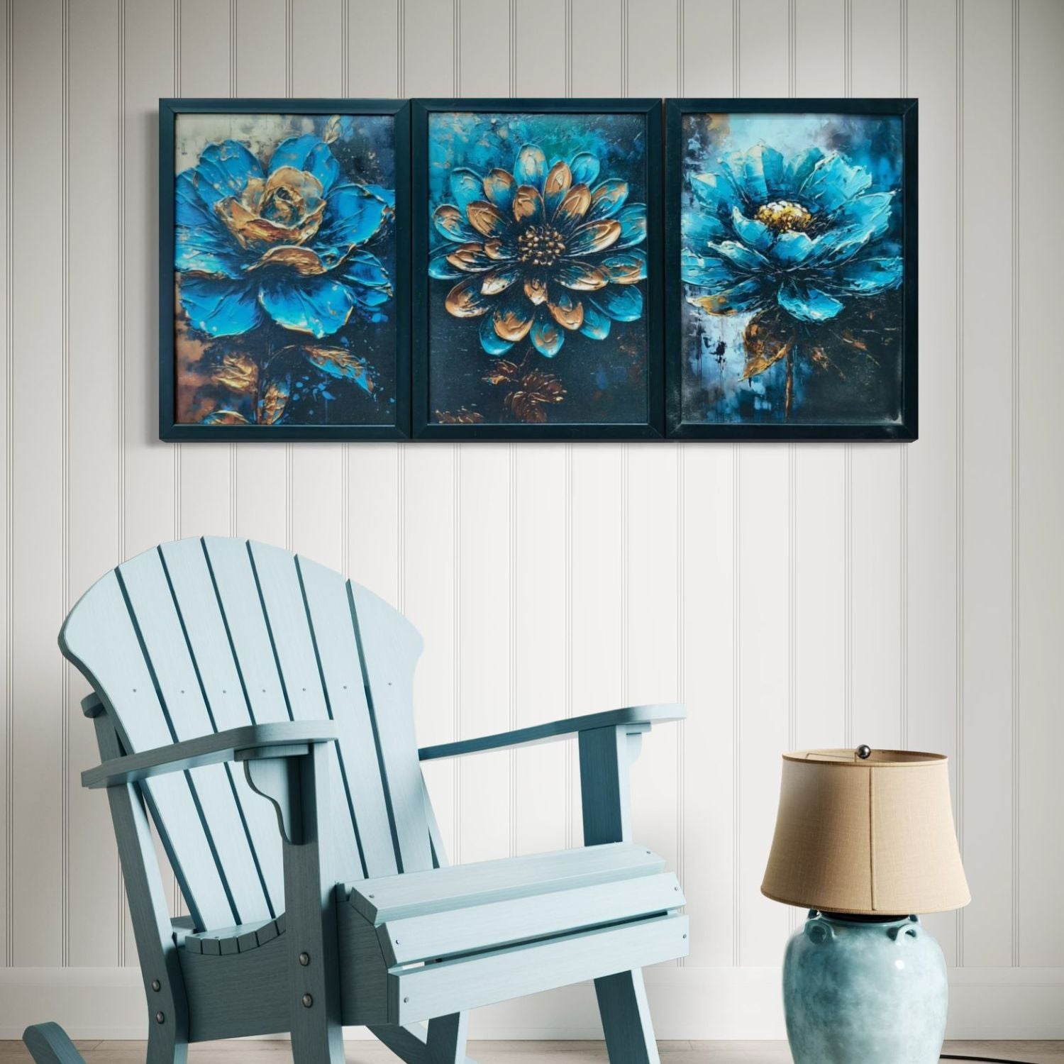 Beautiful Modern Bold Blue and Gold Floral Canvas Wall Art Set of 3
