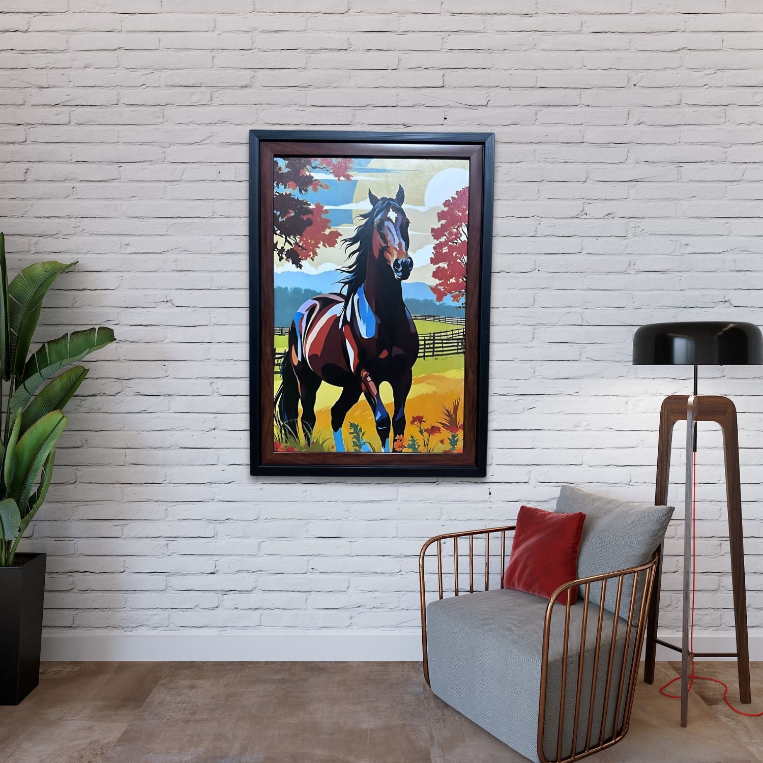 Majestic Horse in Autumn Field - Colorful Framed Farmhouse Wall Art Print