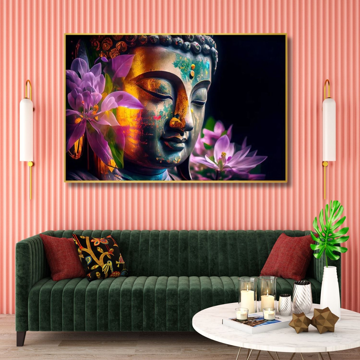 Serene Buddha Portrait With Blossoming Flowers Canvas Wall Art
