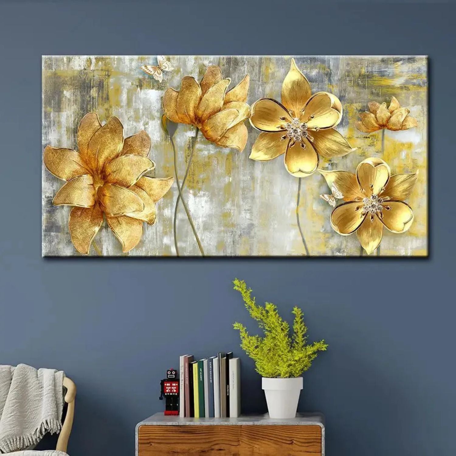Elegant Golden Floral Canvas Wall Art With Abstract Charm