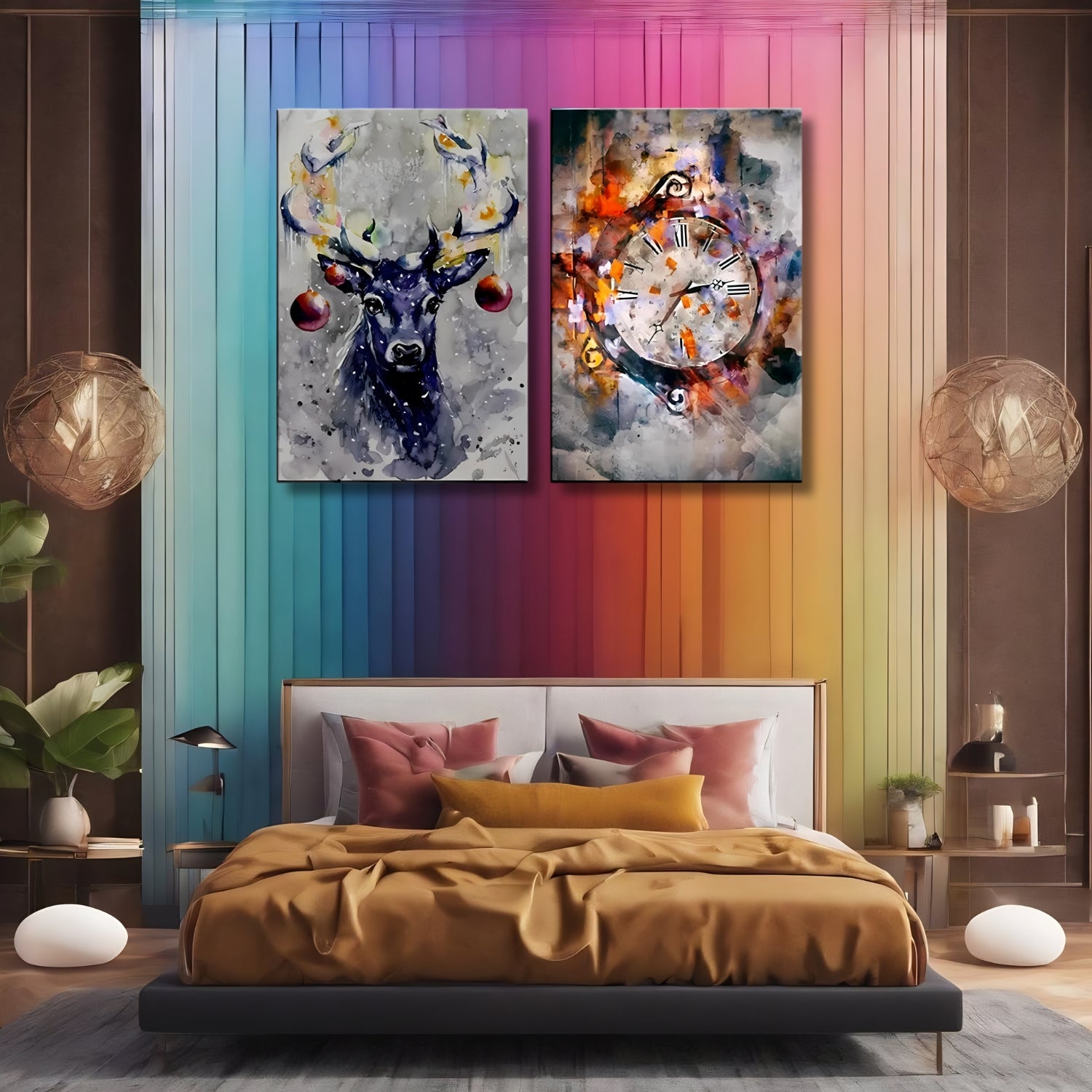 Vibrant Deer and Clock Abstract Wall Art Set on Canvas Frame