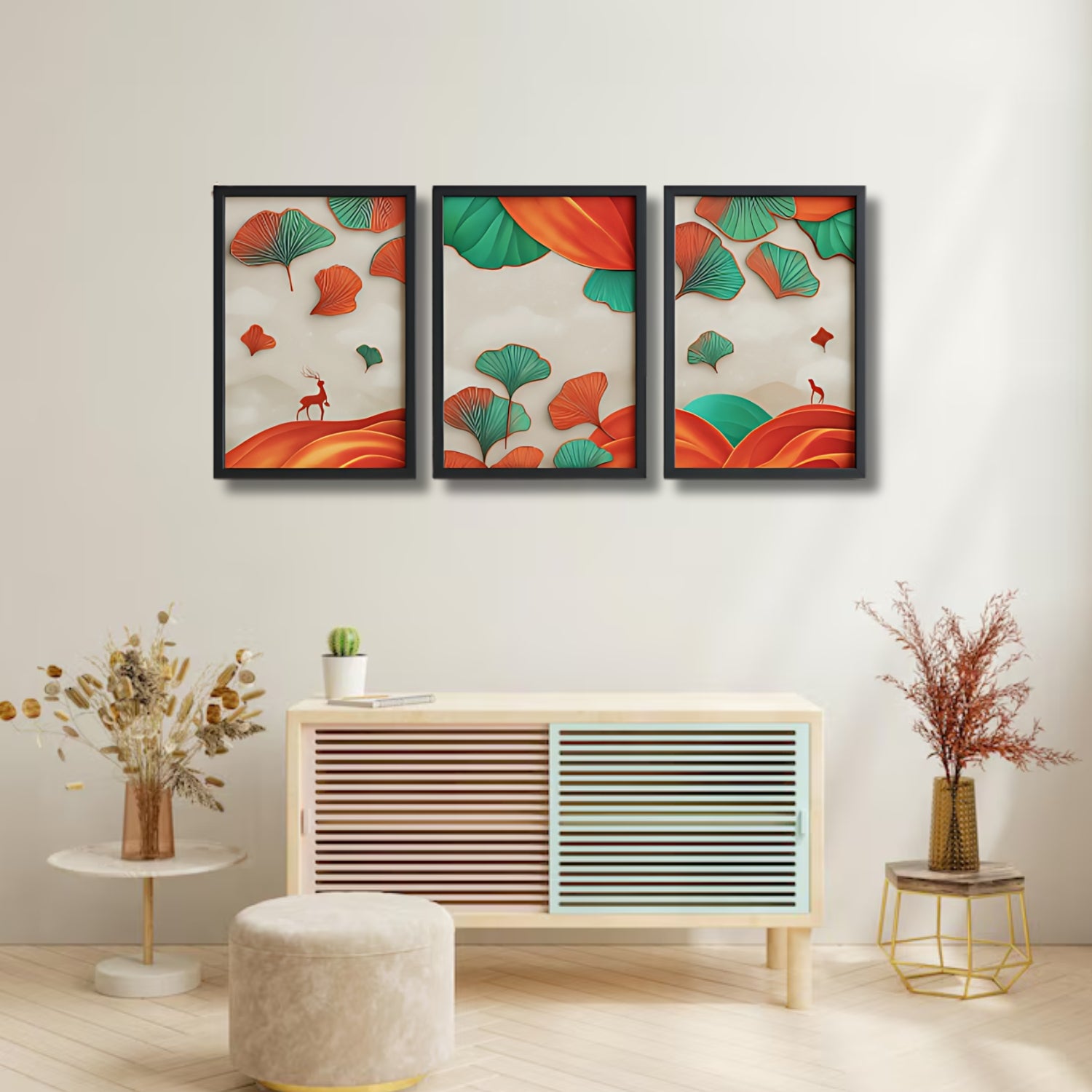 Abstract Colorful Ginkgo Leaf and Deer Canvas Wall Art Set of 3