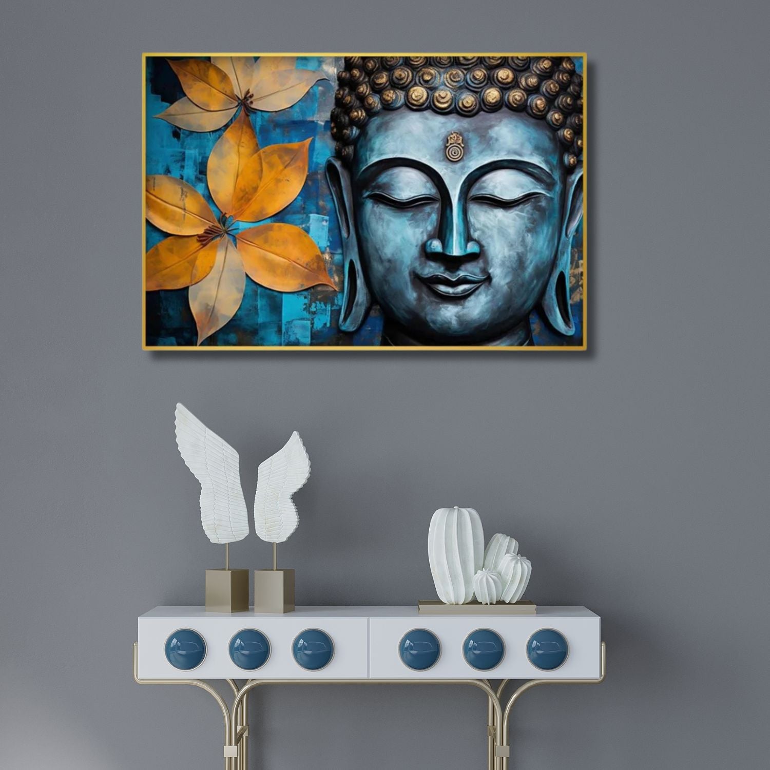 Abstract Blue Buddha Floral Canvas Wall Art for Peaceful Decor