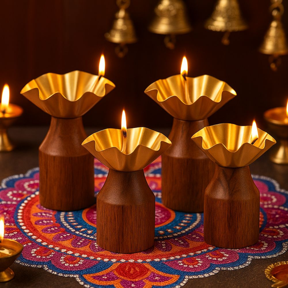 Rustic Charm Wooden Tealight Holders in Diwali Gift Box - Set of 4