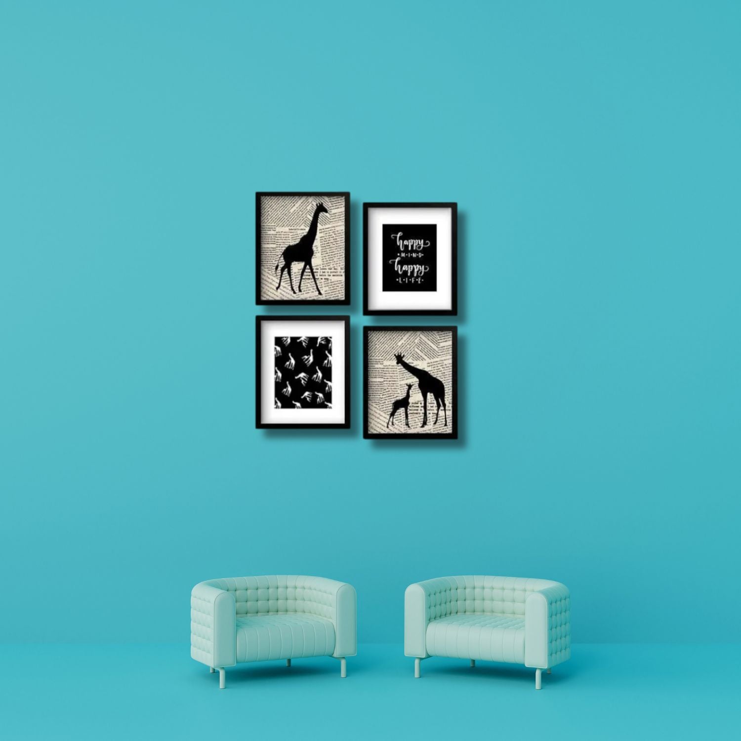 Inspirational Giraffe Silhouette Wall Art Set Featuring Happy Mind & Happy Life