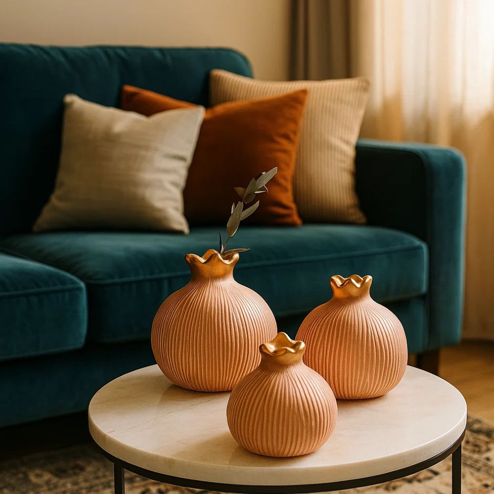 Elegant Pomegranate Jewel Vase Set With Silver & Red Golden Crown Accents