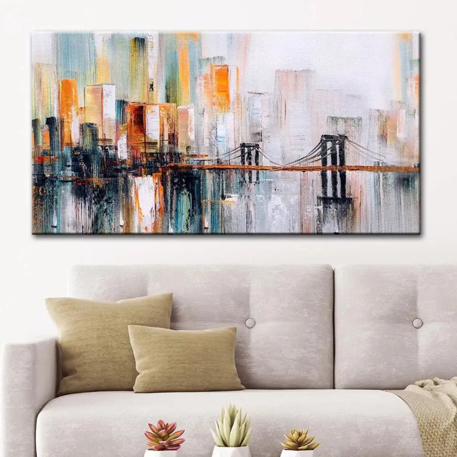 Elegant Abstract Golden Bridge Cityscape Canvas Art For Decor