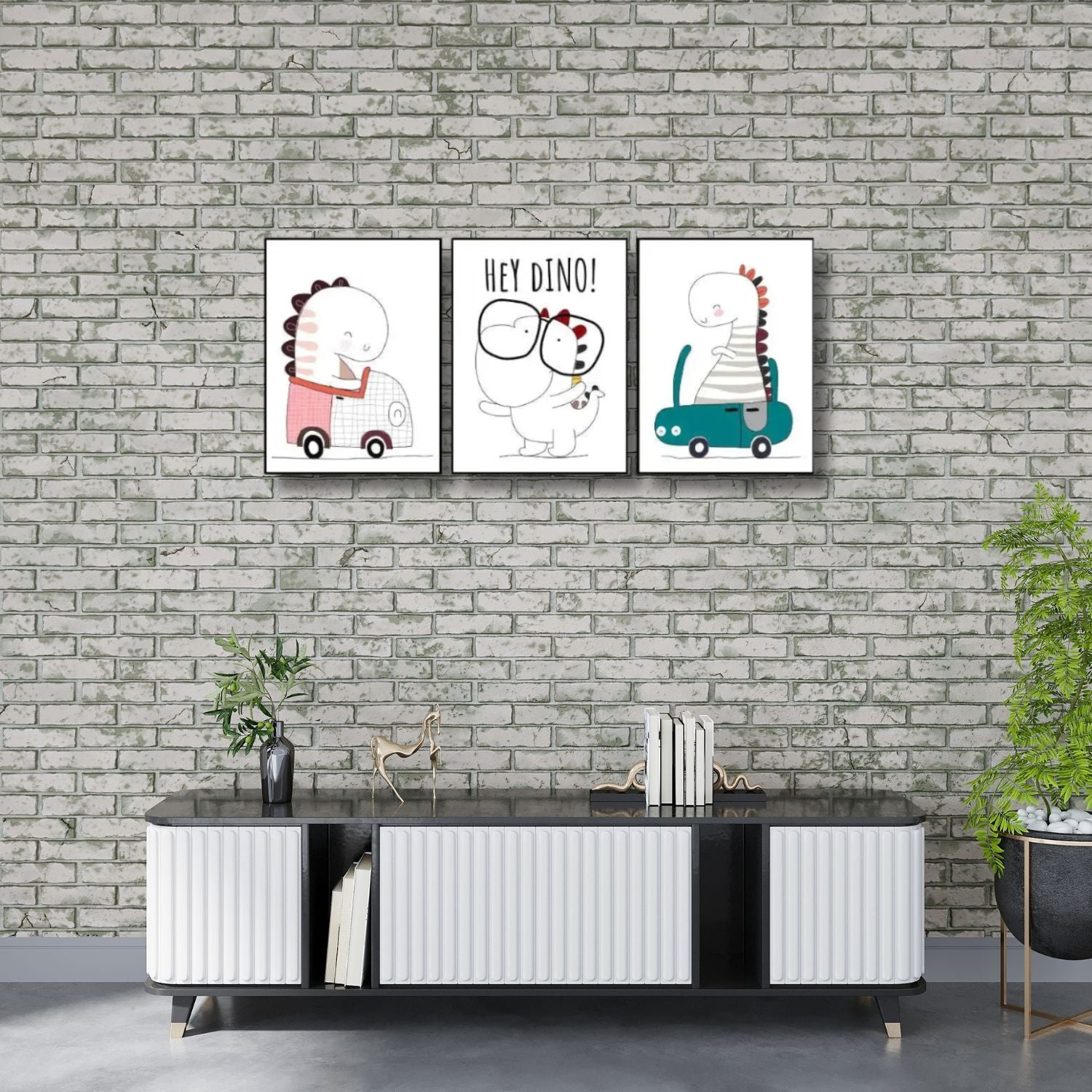 Cute Baby Dinosaur Nursery Wall Art - Set of 3 Framed Prints For Kids Room