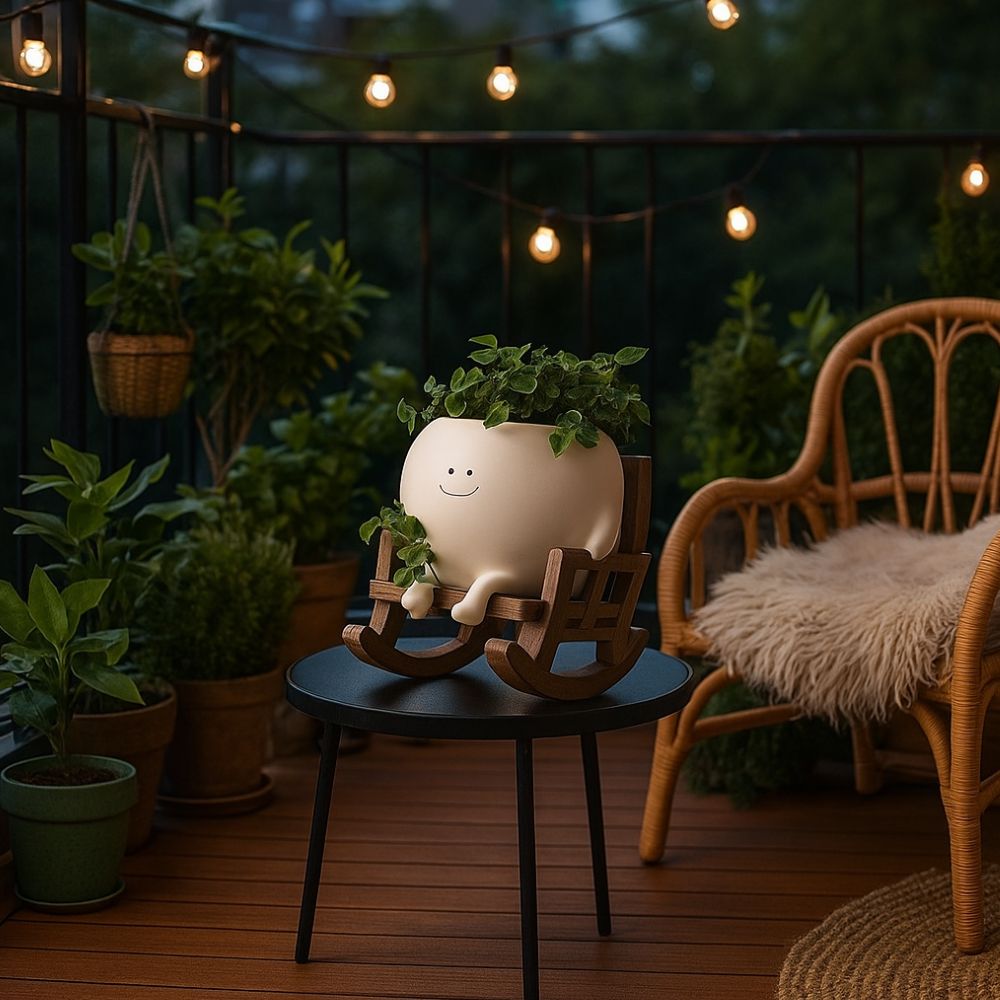 Adorable Swing Planter With Smiley Pot on Wooden Chair
