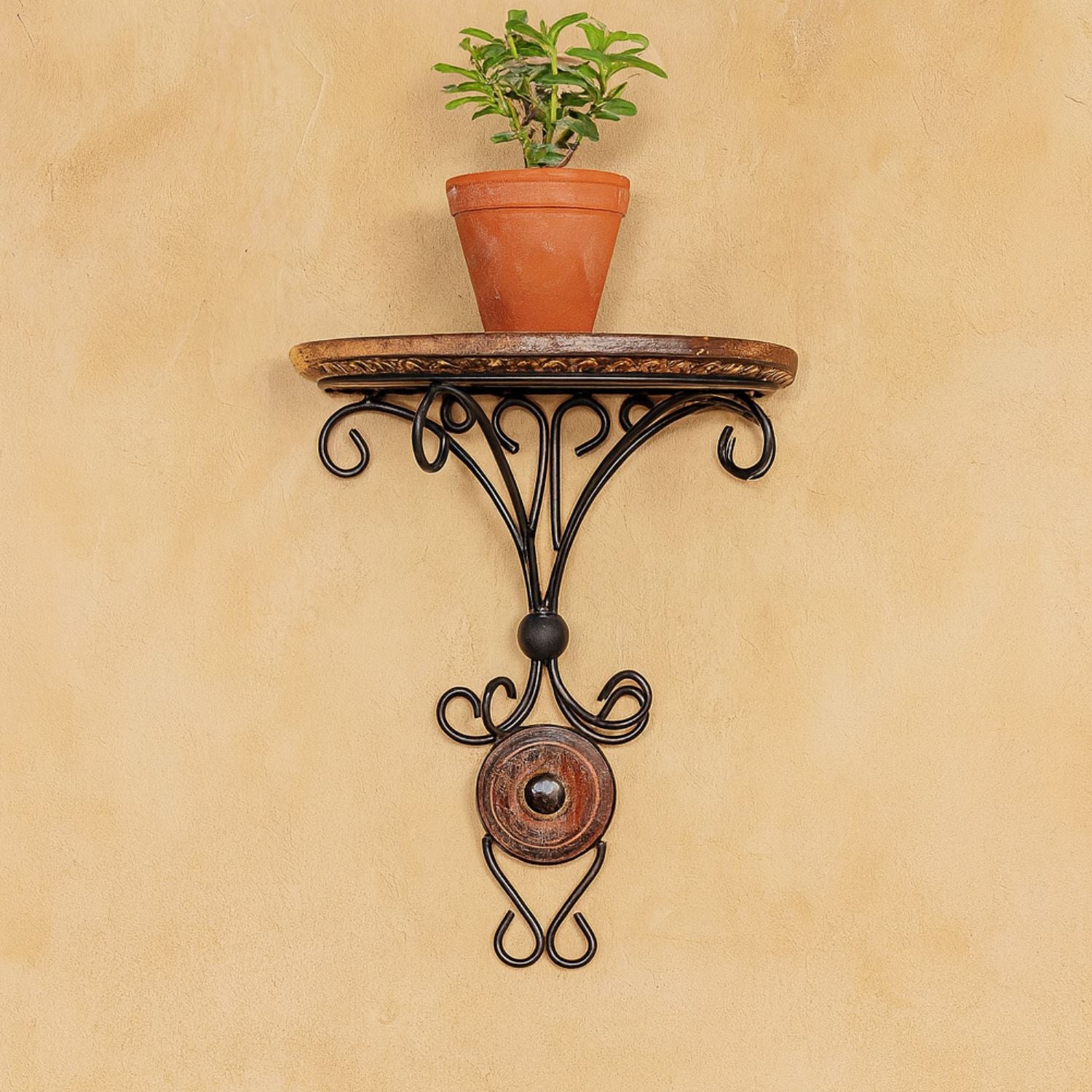 Wooden Wall Hanging Shelf Bracket - Decorative Iron And Wood Design