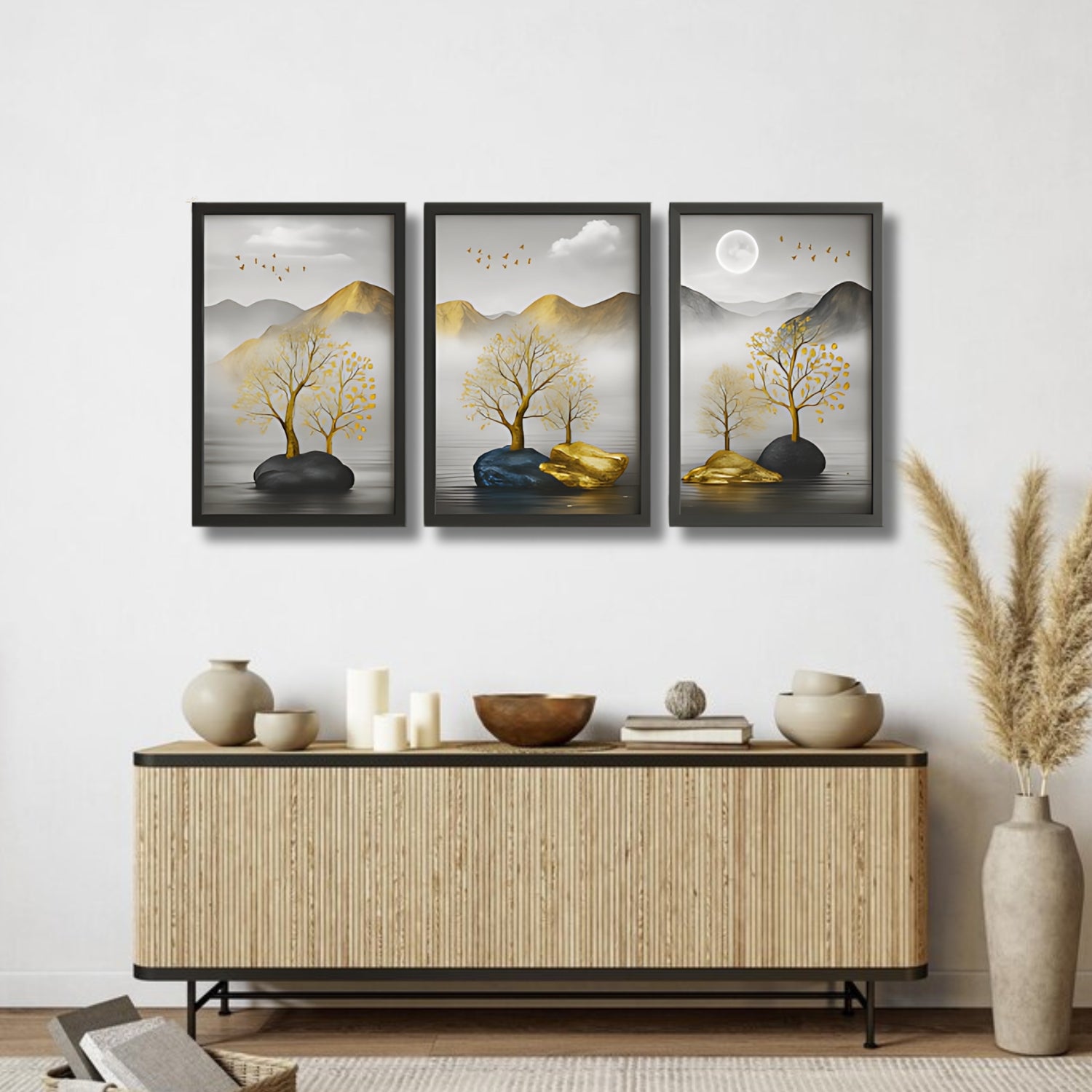 Elegant Golden Tree Landscape Canvas Wall Art Set With Mountain View