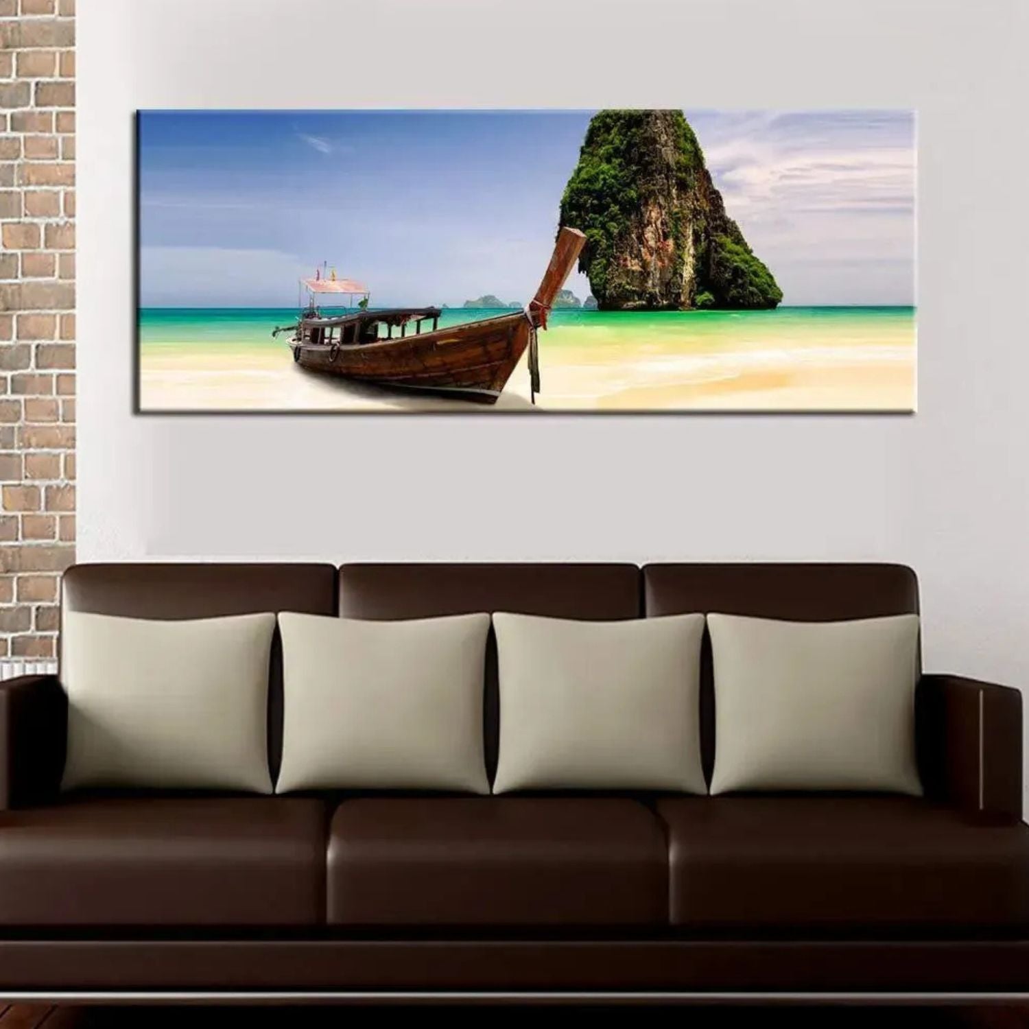 Tropical Beach Canvas Art With Wooden Boat and Island View